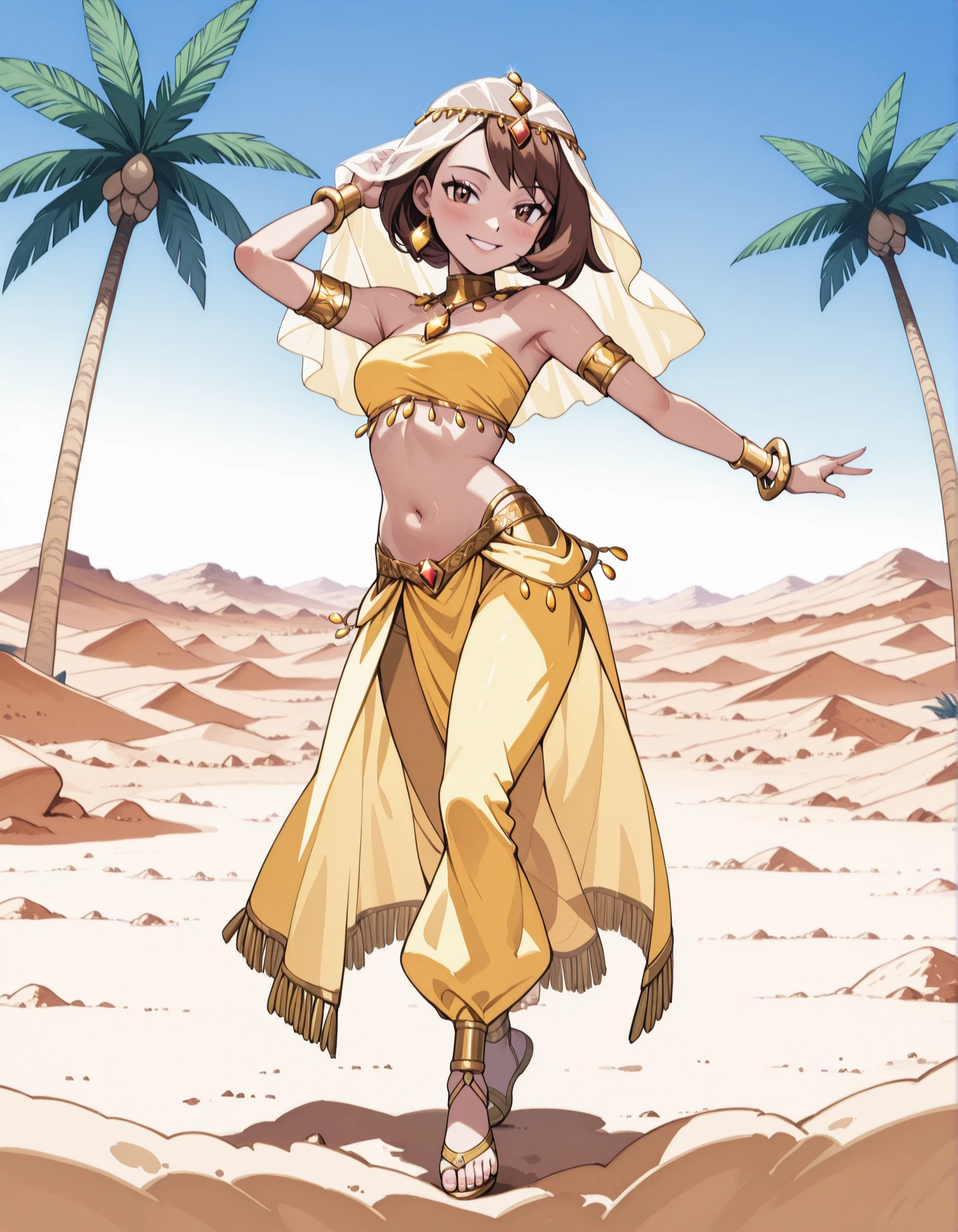 (1girl:1 . 5) , (Seul:1 . 5) , score_9 , score_8_haut , score_7_haut , source_anime , Official work , ultra-detailed , masterpiece , best quality , high resolution , beaux yeux , detailed eyes , Detailed face , beautiful detailed eyes ,Pokemon Sword&Shield, Gloria,Arabian Clothes , Arabian Dancer ,belly dancer costume ,full body,golden jewelery,armlet, belly dancing,desert lands,palm tree,seductive smile, dancing with veil, dynamic movement,dance posture, seductive pose