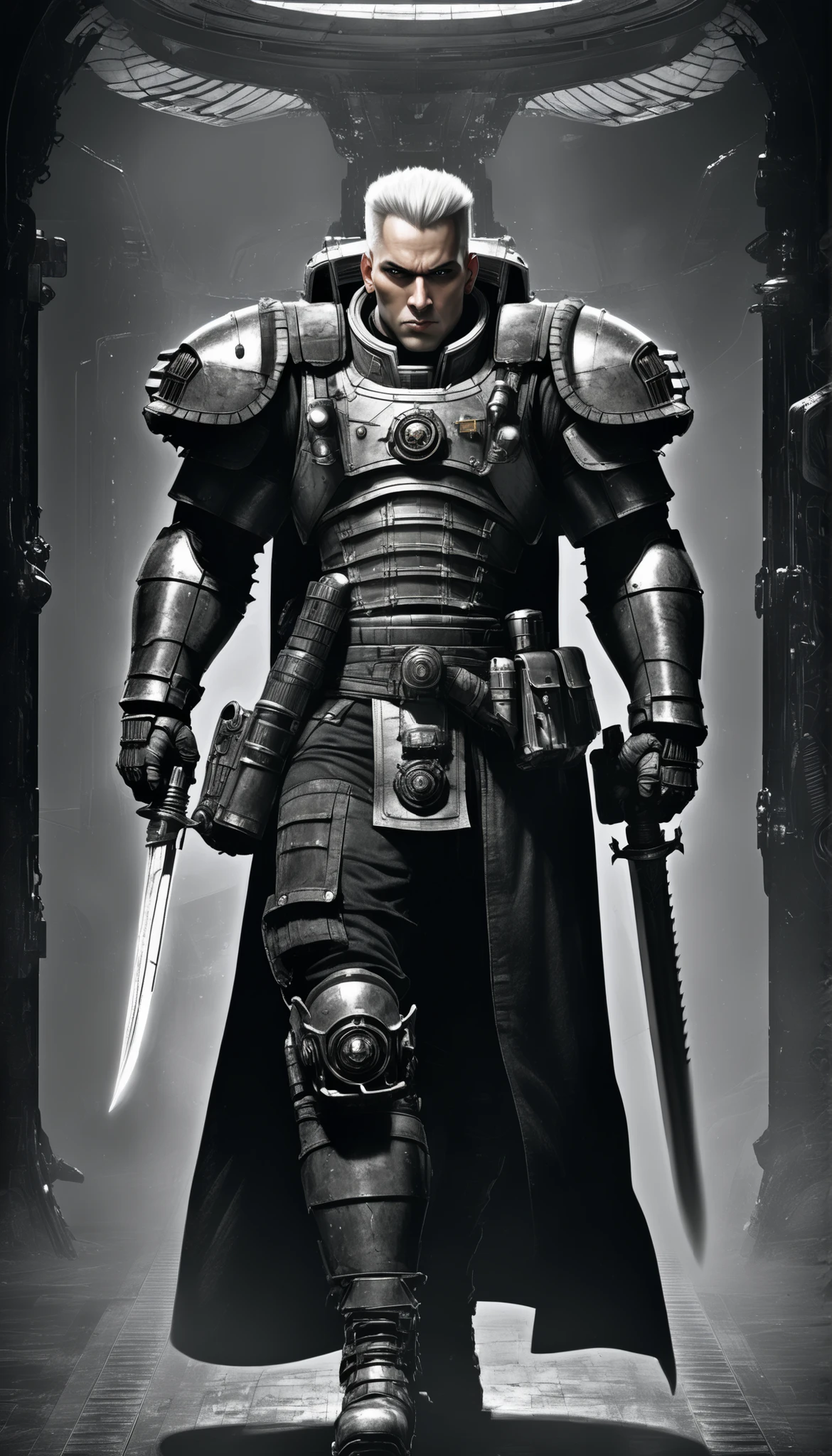 Important (noble with mechanical sword, general, warhammer 40 000 theme, armor, muscular):
Scene (space ship corridor):
Character Face (focused, wrinkles):
Character Body (thicc, muscular and fat,big belly, oiled skin, sweat skin, neon glowing electric collar, wide chest):
Character Hair (short white hair):
Character Clothes (grey military uniform, sword, wires, lab long coat):
Character Action (holding sword):
View (full body):
Scene light (strong, lighting, emphasizing curves):
Color tones (rich and vibrant colors, warm tones, saturated, contrasted):
Image quality (illustration, photography, 8k, super detail, best quality, 8k, high details, anatomically correct, masterpiece, highres, best quality, award winning, high quality, high details, super detail, erotic art, pin-up, glamour, fine art photography):