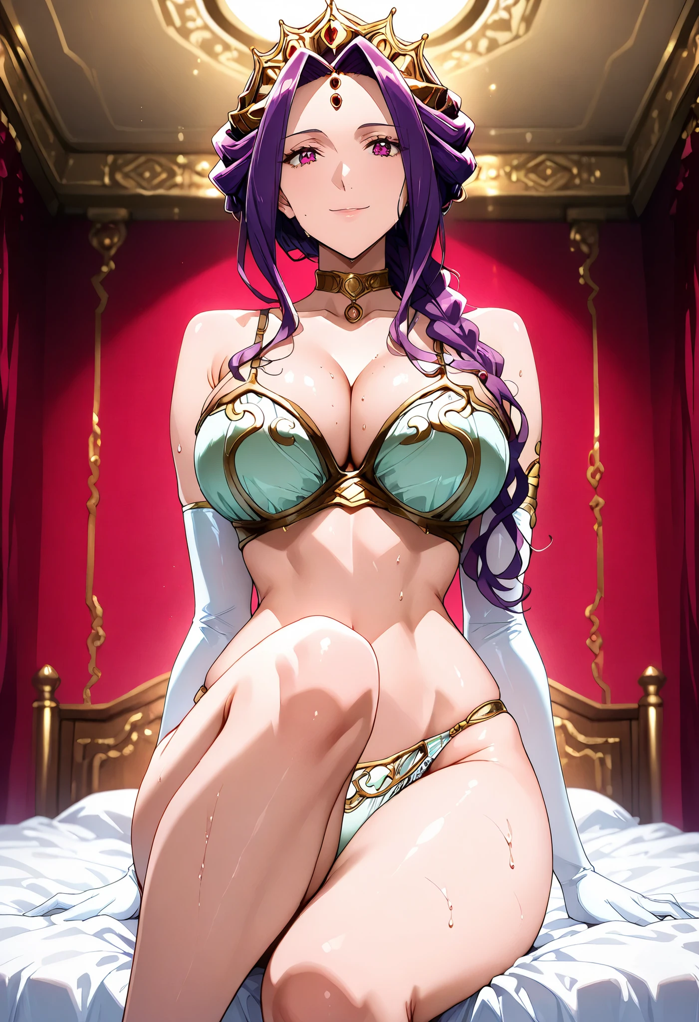 Red bedroom ,best quality, masterpiece, looking at viewer, 1girl, alone, mijer, queen Mirelia Q merlromarc, Long hair, purple hair, warm smile, friendly enigmatic look, big , perfect , feminine, beautiful, femenine, , lingerie, panties, gloves, elbow gloves, white gloves, choker, Armpit, from below,  Sweat, body whole, sit on bed, rise one leg up