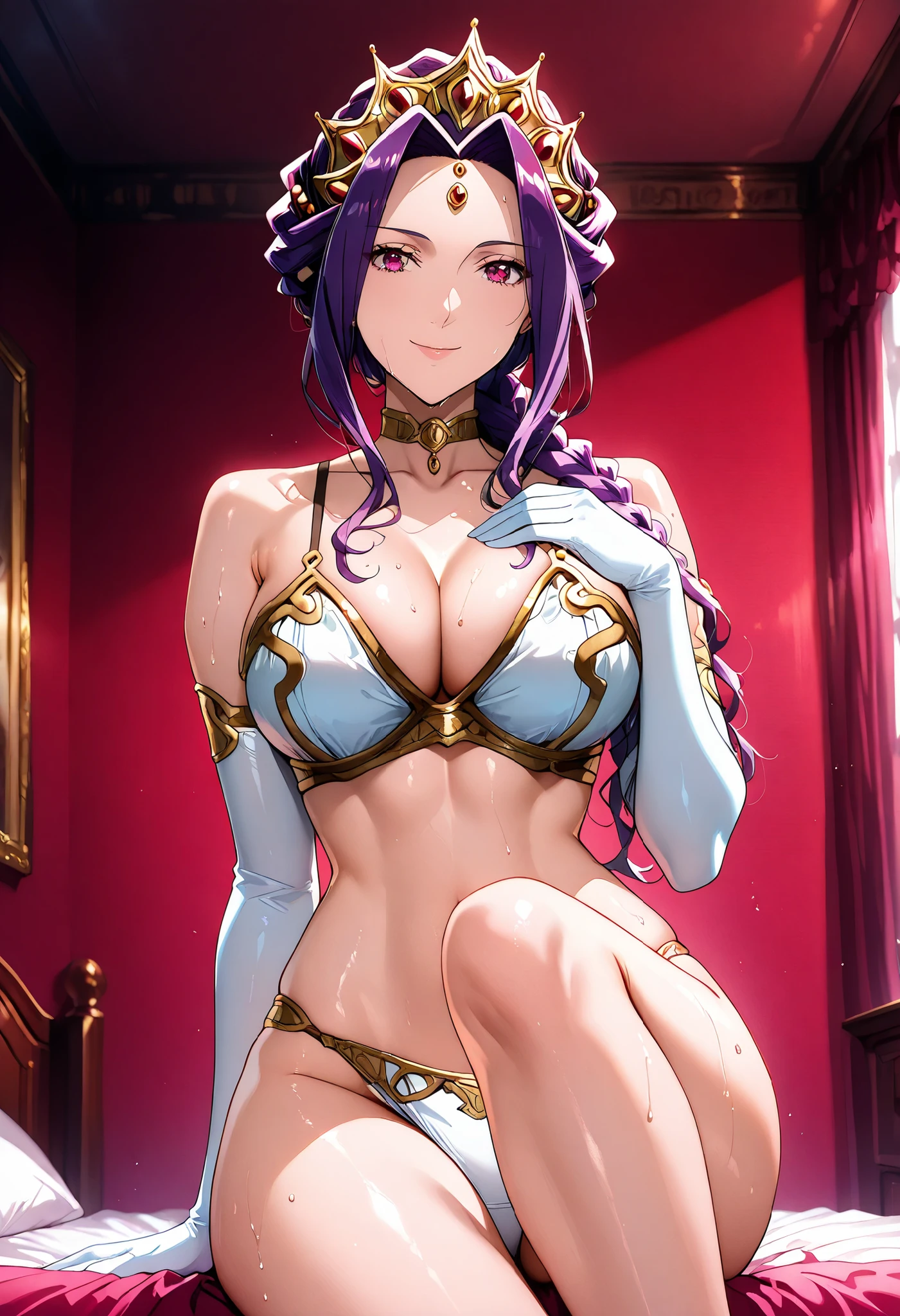 Red bedroom ,best quality, masterpiece, looking at viewer, 1girl, alone, mijer, queen Mirelia Q merlromarc, Long hair, purple hair, warm smile, friendly enigmatic look, big , perfect , feminine, beautiful, femenine, , lingerie, panties, gloves, elbow gloves, white gloves, choker, Armpit, from below, Sweat, body whole, sit on bed, rise one leg up