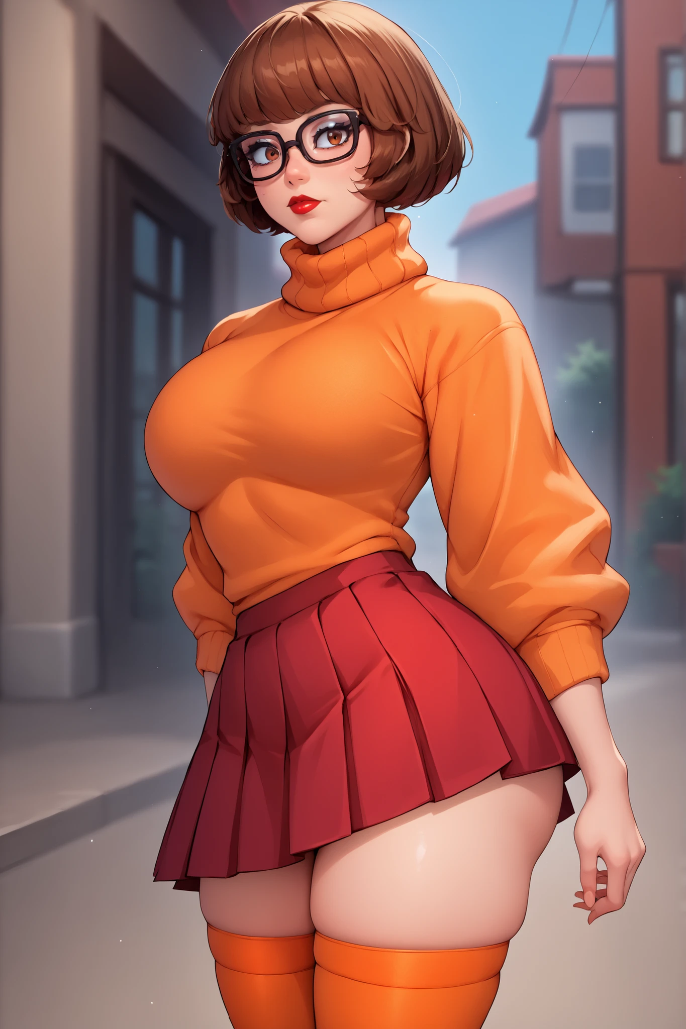 score_9, score_8_up, score_7_up, source_anime BREAK 1girl, VelmaXL, 1girl, solo, (), (big ), looking at viewer, short hair, bangs, skirt, brown hair, thighhighs, brown eyes, big , thighs, pleated skirt, red micro skirt, glasses, sweater, red lips, red skirt, turtleneck, black-framed eyewear,  turtleneck sweater, orange thighhighs, orange sweater