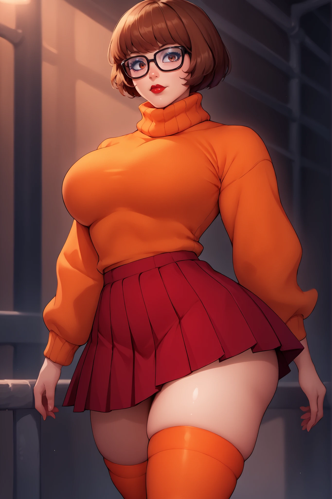 score_9, score_8_up, score_7_up, source_anime BREAK 1girl, VelmaXL, 1girl, solo, (), (big ), looking at viewer, short hair, bangs, skirt, brown hair, thighhighs, brown eyes, big , thighs, pleated skirt, red micro skirt, glasses, sweater, red lips, red skirt, turtleneck, black-framed eyewear,  turtleneck sweater, orange thighhighs, orange sweater