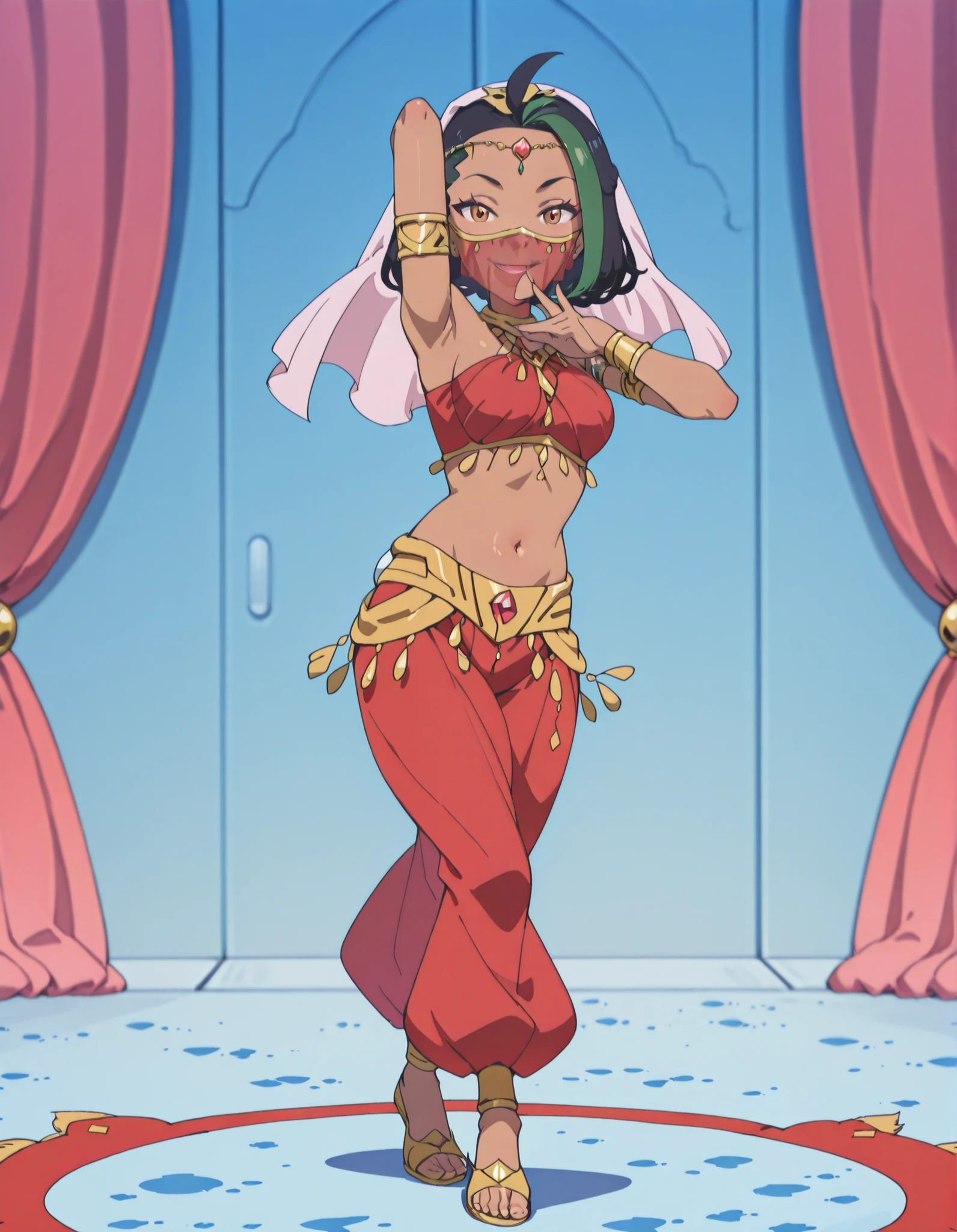 (1girl:1 . 5) , (Seul:1 . 5) , score_9 , score_8_haut , score_7_haut , source_anime , Official work , ultra-detailed , masterpiece , best quality , high resolution , beaux yeux , detailed eyes , Detailed face , beautiful detailed eyes ,Pokemon Horizons, Nemona,Arabian Clothes , Arabian Dancer ,belly dancer costume ,full body,golden jewelery,mouth veil,armlet, belly dancing,arabian theater,seductive smile, dancing with veil, dynamic movement,dance posture, pose