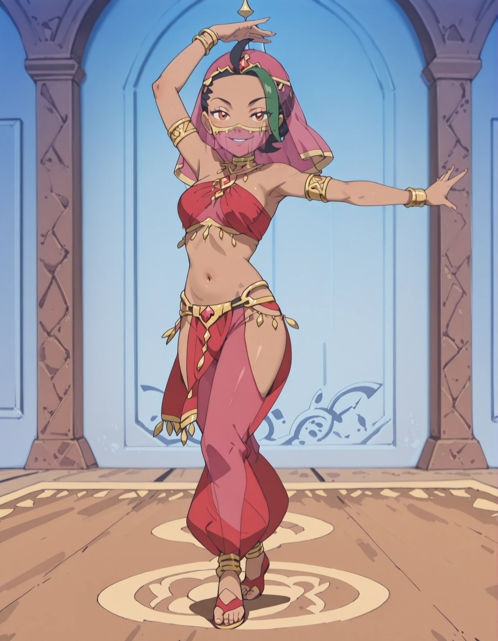 (1girl:1 . 5) , (Seul:1 . 5) , score_9 , score_8_haut , score_7_haut , source_anime , Official work , ultra-detailed , masterpiece , best quality , high resolution , beaux yeux , detailed eyes , Detailed face , beautiful detailed eyes ,Pokemon Horizons, Nemona,Arabian Clothes , Arabian Dancer ,belly dancer costume ,full body,golden jewelery,mouth veil,armlet, belly dancing,arabian theater,seductive smile, dancing with veil, dynamic movement,dance posture, pose