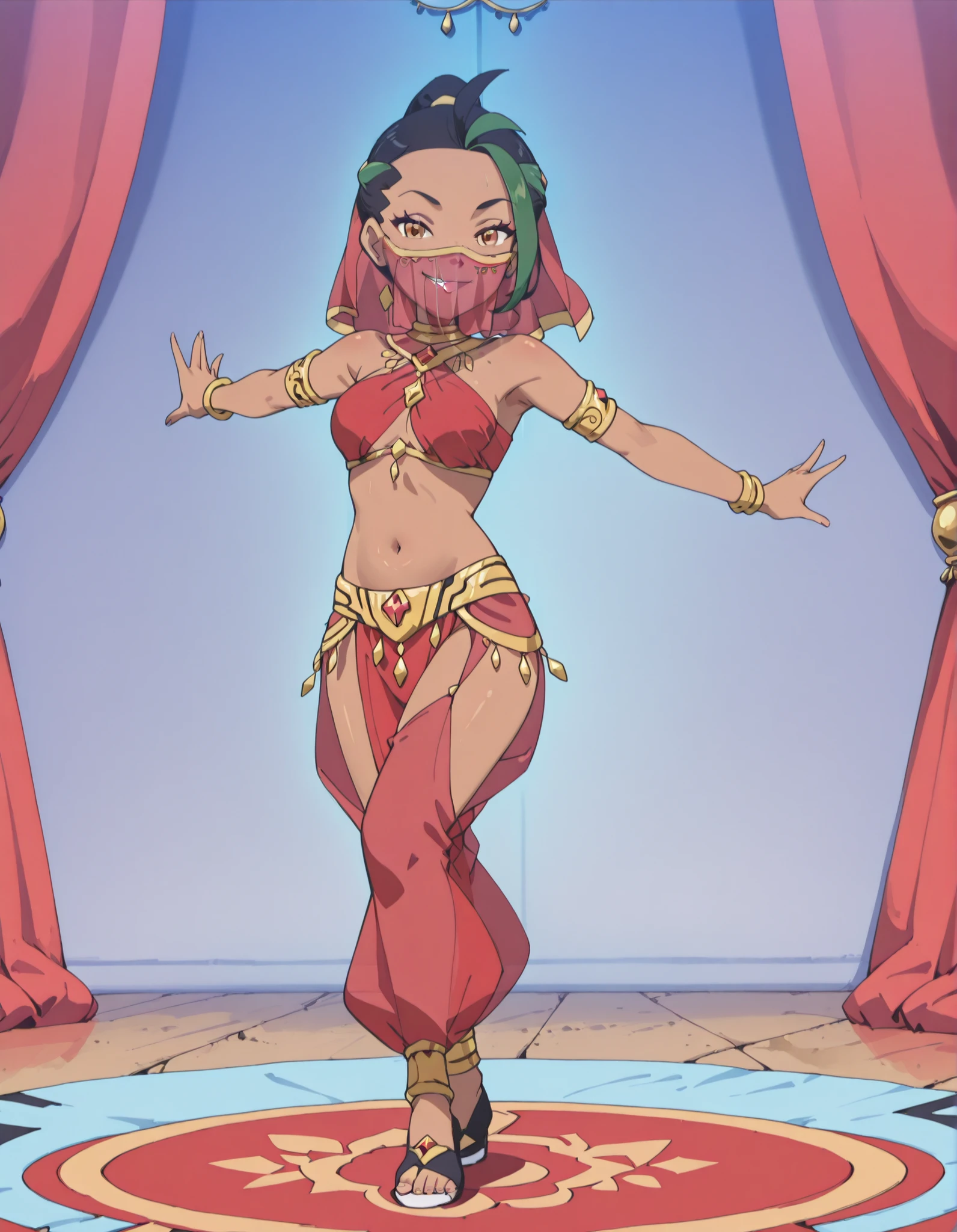 (1girl:1 . 5) , (Seul:1 . 5) , score_9 , score_8_haut , score_7_haut , source_anime , Official work , ultra-detailed , masterpiece , best quality , high resolution , beaux yeux , detailed eyes , Detailed face , beautiful detailed eyes ,Pokemon Horizons, Nemona,Arabian Clothes , Arabian Dancer ,belly dancer costume ,full body,golden jewelery,mouth veil,armlet, belly dancing,arabian theater,seductive smile, dancing with veil, dynamic movement,dance posture, seductive pose