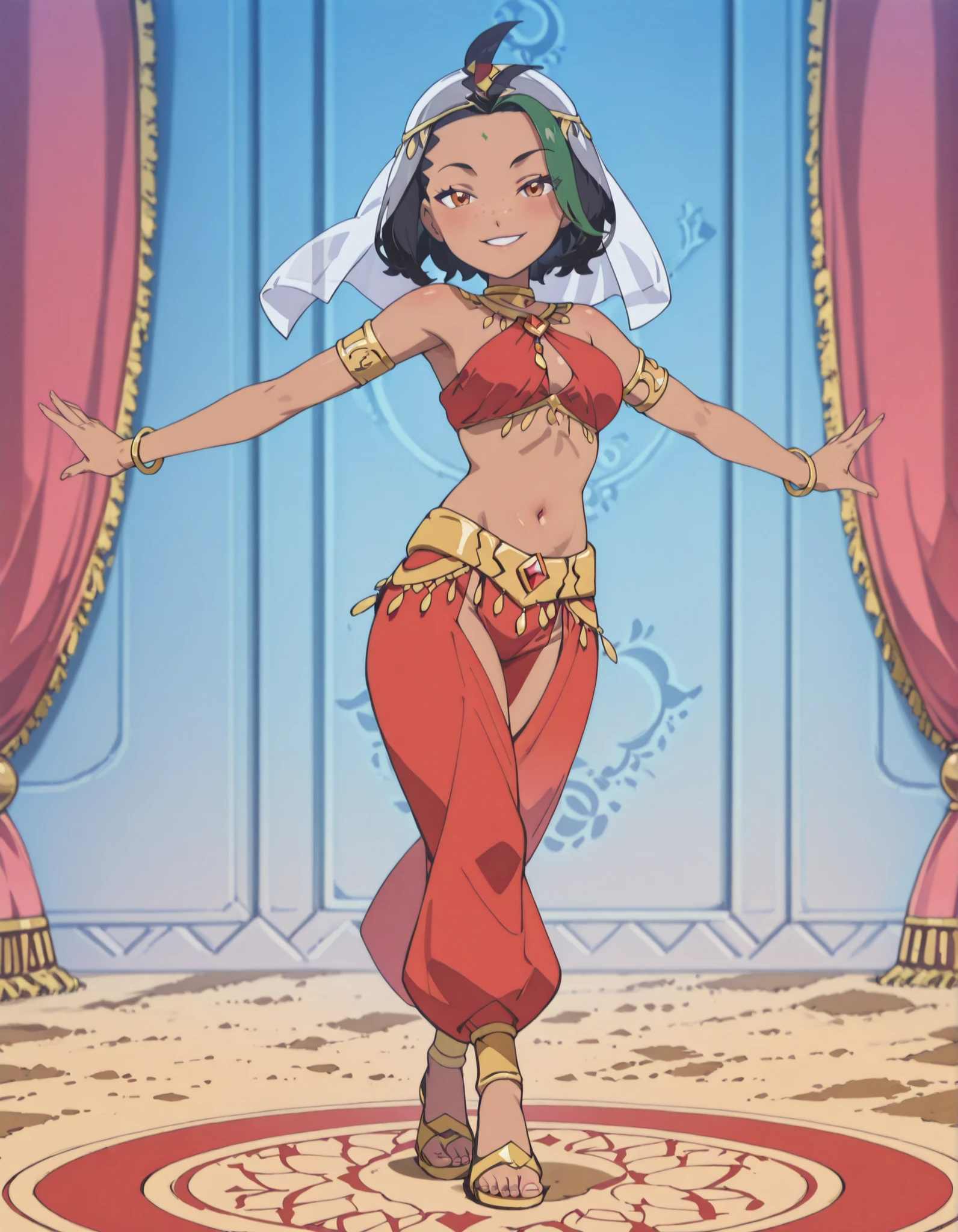 (1girl:1 . 5) , (Seul:1 . 5) , score_9 , score_8_haut , score_7_haut , source_anime , Official work , ultra-detailed , masterpiece , best quality , high resolution , beaux yeux , detailed eyes , Detailed face , beautiful detailed eyes ,Pokemon Horizons, Nemona,Arabian Clothes , Arabian Dancer ,belly dancer costume ,full body,golden jewelery,armlet, belly dancing,arabian theater,seductive smile, dancing with veil, dynamic movement,dance posture, pose