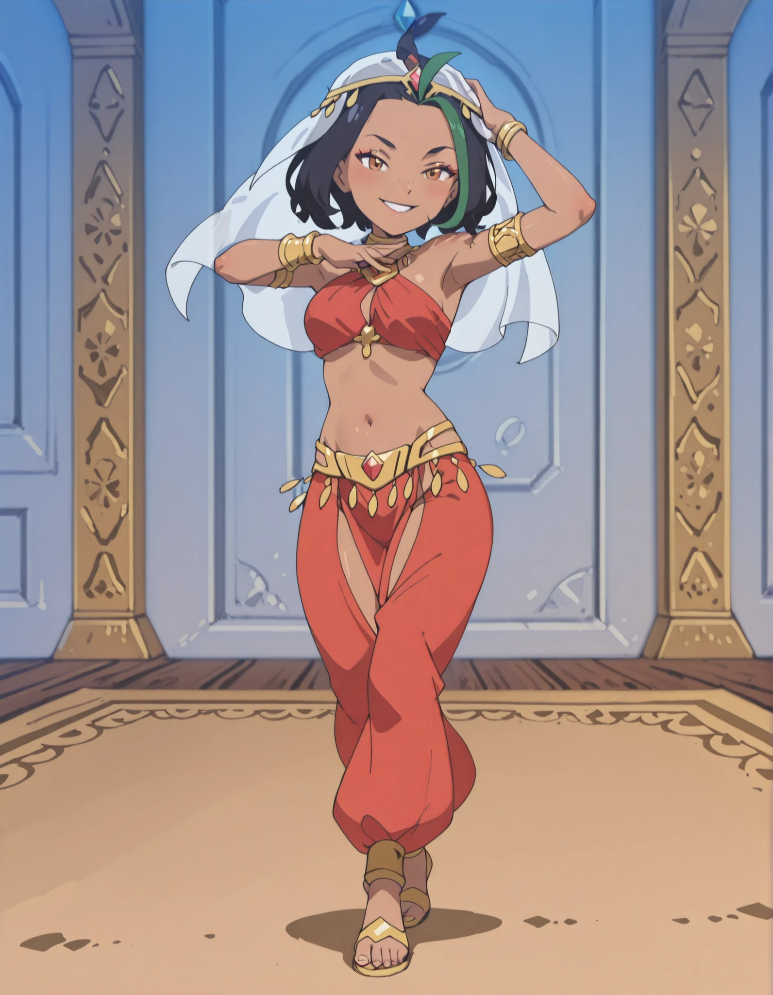 (1girl:1 . 5) , (Seul:1 . 5) , score_9 , score_8_haut , score_7_haut , source_anime , Official work , ultra-detailed , masterpiece , best quality , high resolution , beaux yeux , detailed eyes , Detailed face , beautiful detailed eyes ,Pokemon Horizons, Nemona,Arabian Clothes , Arabian Dancer ,belly dancer costume ,full body,golden jewelery,armlet, belly dancing,arabian theater,seductive smile, dancing with veil, dynamic movement,dance posture, pose