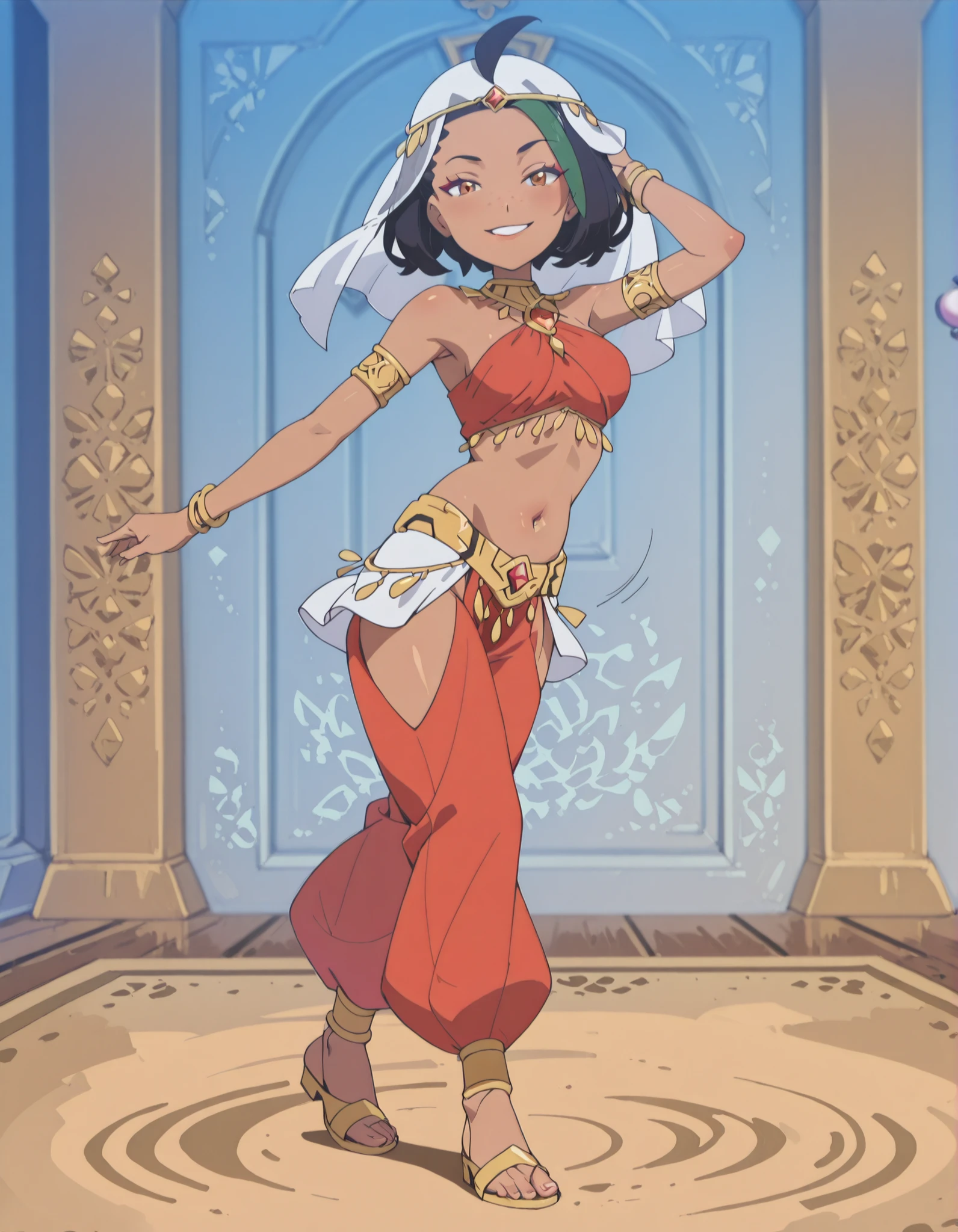 (1girl:1 . 5) , (Seul:1 . 5) , score_9 , score_8_haut , score_7_haut , source_anime , Official work , ultra-detailed , masterpiece , best quality , high resolution , beaux yeux , detailed eyes , Detailed face , beautiful detailed eyes ,Pokemon Horizons, Nemona,Arabian Clothes , Arabian Dancer ,belly dancer costume ,full body,golden jewelery,armlet, belly dancing,arabian theater,seductive smile, dancing with veil, dynamic movement,dance posture, pose