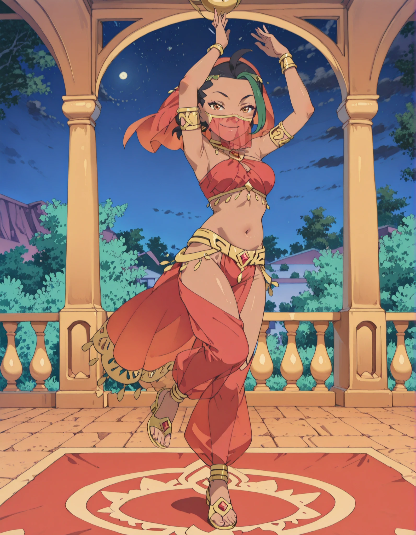 (1girl:1 . 5) , (Seul:1 . 5) , score_9 , score_8_haut , score_7_haut , source_anime , Official work , ultra-detailed , masterpiece , best quality , high resolution , beaux yeux , detailed eyes , Detailed face , beautiful detailed eyes ,Pokemon Horizons, Nemona,Arabian Clothes , Arabian Dancer ,belly dancer costume ,full body,golden jewelery,mouth veil,armlet, belly dancing,night,arabian garden,seductive smile, dancing with veil, dynamic movement,dance posture, pose