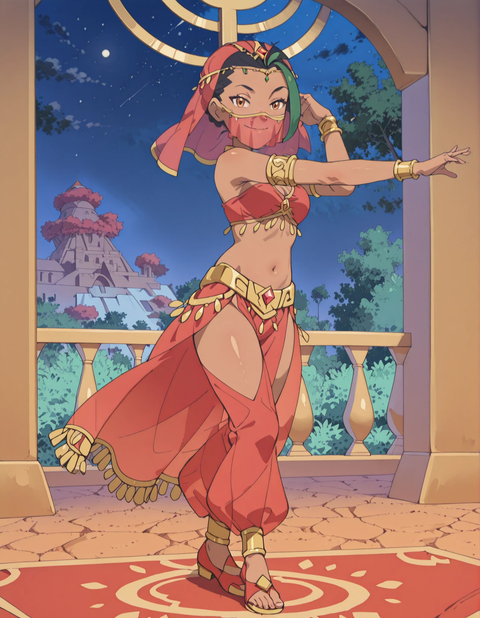 (1girl:1 . 5) , (Seul:1 . 5) , score_9 , score_8_haut , score_7_haut , source_anime , Official work  , ultra-detailed , masterpiece , best quality , high resolution , beaux yeux , detailed eyes , Detailed face , beautiful detailed eyes ,Pokemon Horizons, Nemona,Arabian Clothes , Arabian Dancer ,belly dancer costume ,full body,golden jewelery,mouth veil,armlet, belly dancing,night,arabian garden,seductive smile, dancing with veil, dynamic movement,dance posture,  pose