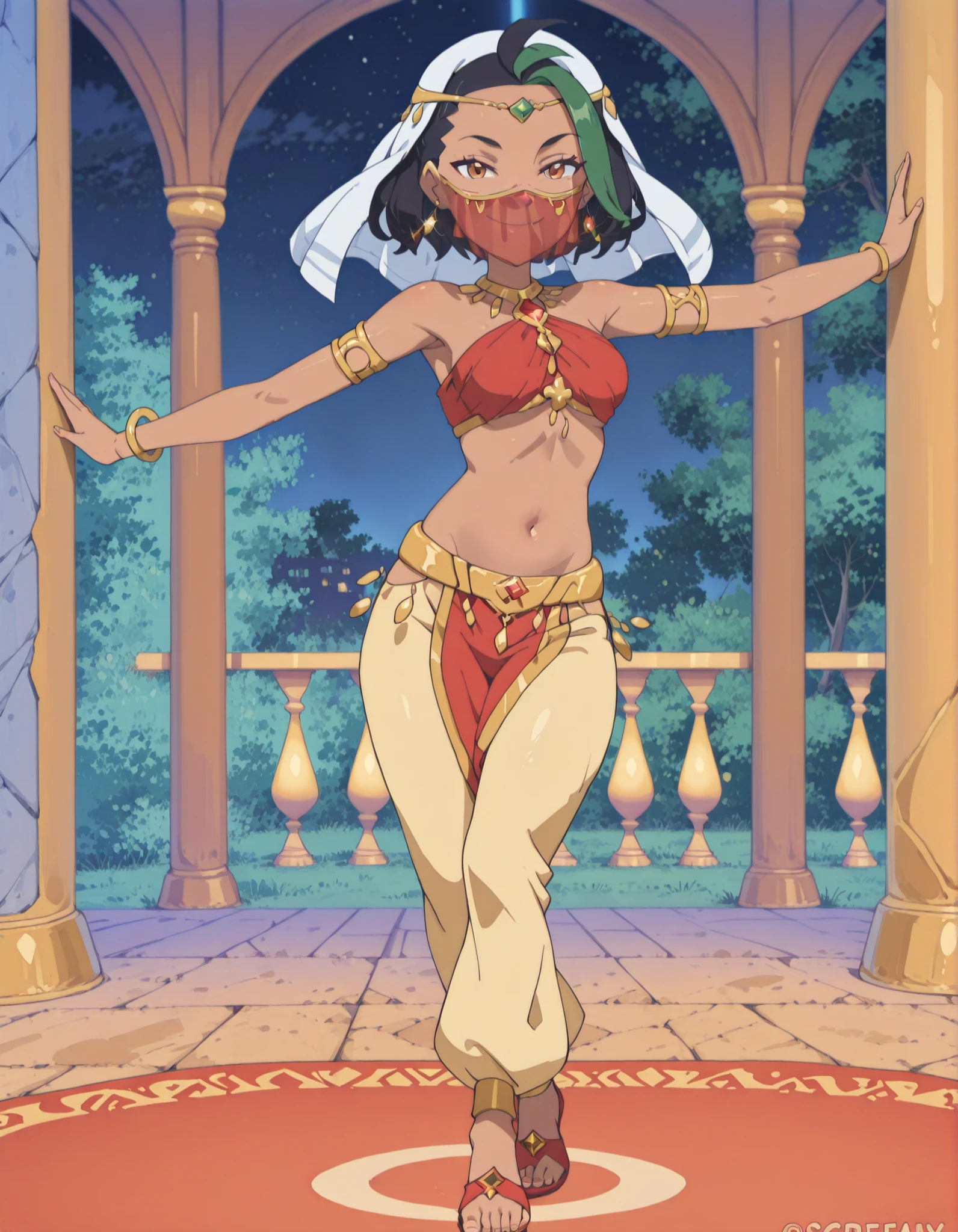 (1girl:1 . 5) , (Seul:1 . 5) , score_9 , score_8_haut , score_7_haut , source_anime , Official work , ultra-detailed , masterpiece , best quality , high resolution , beaux yeux , detailed eyes , Detailed face , beautiful detailed eyes ,Pokemon Horizons, Nemona,Arabian Clothes , Arabian Dancer ,belly dancer costume ,full body,golden jewelery,mouth veil,armlet, belly dancing,night,arabian garden,seductive smile, dancing with veil, dynamic movement,dance posture, seductive pose