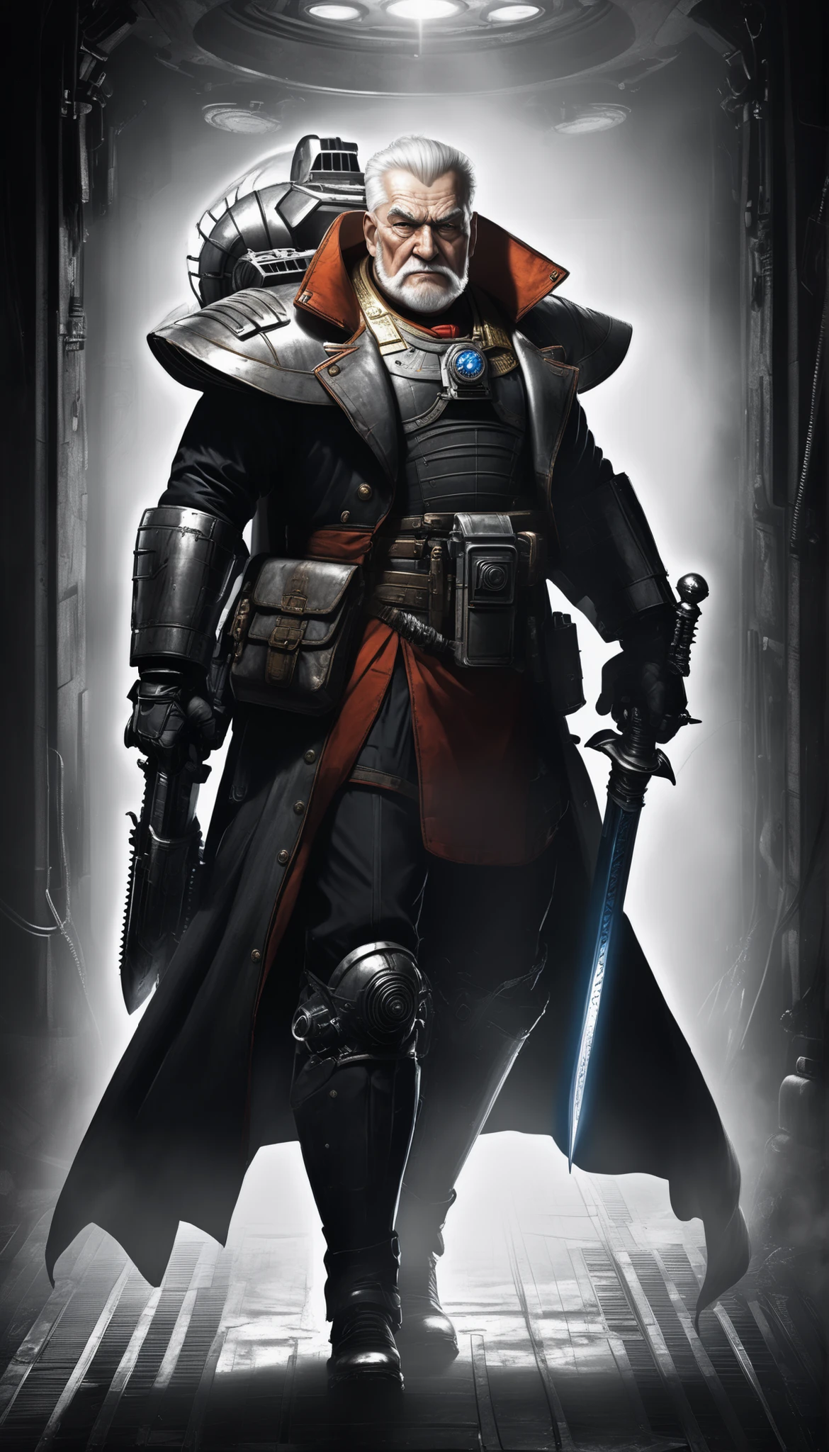 Important (old man, noble clothes, mechanical sword, general, warhammer 40 000 theme, muscular):
Scene (space ship corridor):
Character Face (focused, wrinkles):
Character Body (thicc, muscular and fat,big belly, oiled skin, sweat skin, neon glowing electric collar, wide chest):
Character Hair (short white hair):
Character Clothes (grey military uniform, sword, wires, lab long coat):
Character Action (holding sword):
View (full body):
Scene light (strong, lighting, emphasizing curves):
Color tones (rich and vibrant colors, warm tones, saturated, contrasted):
Image quality (illustration, photography, 8k, super detail, best quality, 8k, high details, anatomically correct, masterpiece, highres, best quality, award winning, high quality, high details, super detail, erotic art, pin-up, glamour, fine art photography):