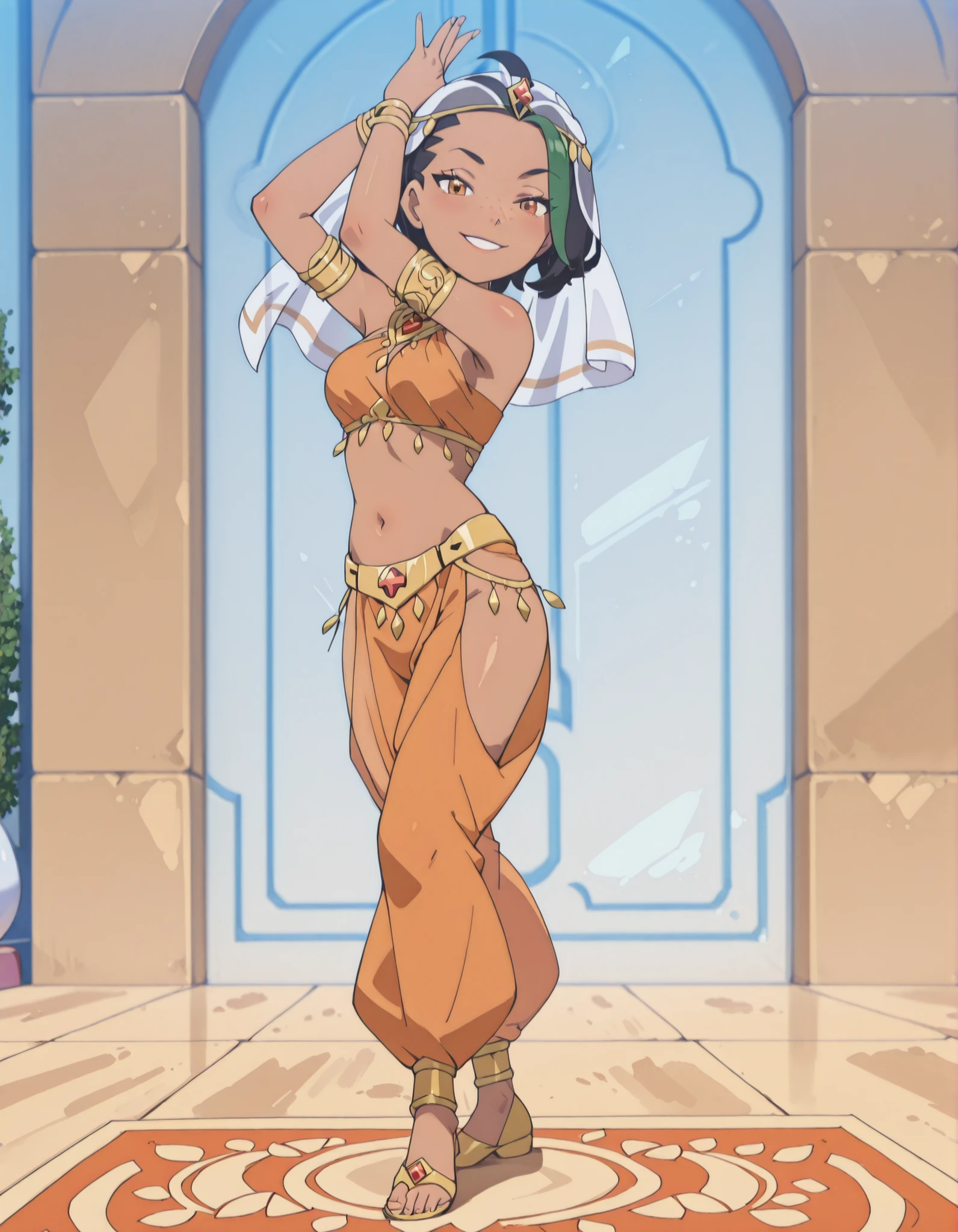 (1girl:1 . 5) , (Seul:1 . 5) , score_9 , score_8_haut , score_7_haut , source_anime , Official work , ultra-detailed , masterpiece , best quality , high resolution , beaux yeux , detailed eyes , Detailed face , beautiful detailed eyes ,Pokemon Horizons, Nemona,Arabian Clothes , Arabian Dancer ,belly dancer costume ,full body,golden jewelery,armlet, belly dancing,arabian garden,seductive smile, dancing with veil, dynamic movement,dance posture, seductive pose