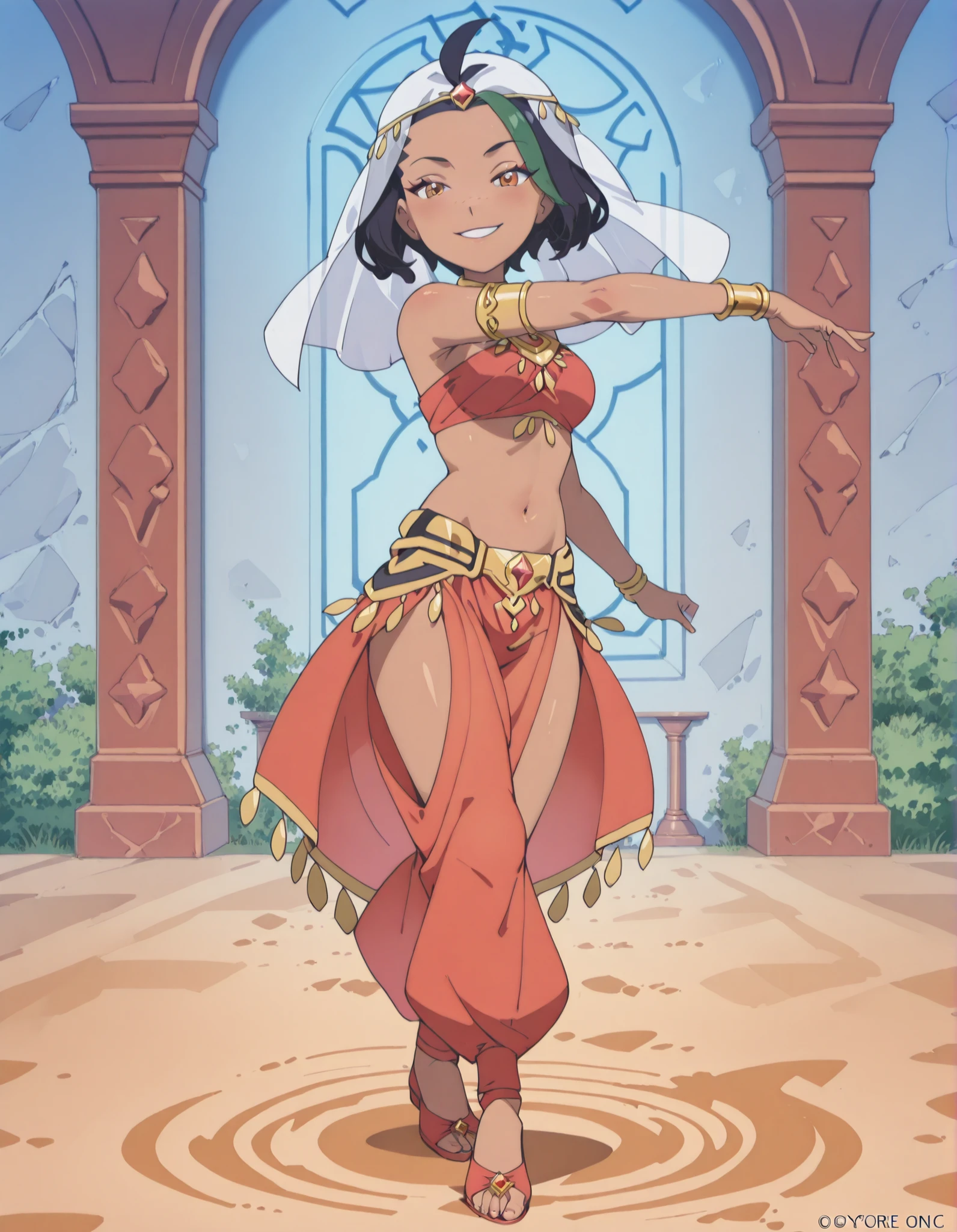 (1girl:1 . 5) , (Seul:1 . 5) , score_9 , score_8_haut , score_7_haut , source_anime , Official work , ultra-detailed , masterpiece , best quality , high resolution , beaux yeux , detailed eyes , Detailed face , beautiful detailed eyes ,Pokemon Horizons, Nemona,Arabian Clothes , Arabian Dancer ,belly dancer costume ,full body,golden jewelery,armlet, belly dancing,arabian garden,seductive smile, dancing with veil, dynamic movement,dance posture, seductive pose