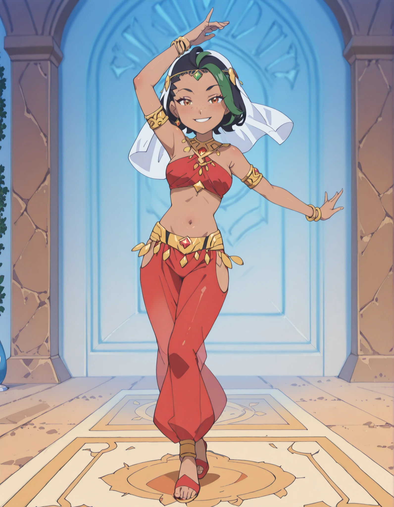 (1girl:1 . 5) , (Seul:1 . 5) , score_9 , score_8_haut , score_7_haut , source_anime , Official work  , ultra-detailed , masterpiece , best quality , high resolution , beaux yeux , detailed eyes , Detailed face , beautiful detailed eyes ,Pokemon Horizons, Nemona,Arabian Clothes , Arabian Dancer ,belly dancer costume ,full body,golden jewelery,armlet, belly dancing,arabian garden,seductive smile, dancing with veil, dynamic movement,dance posture,  pose
