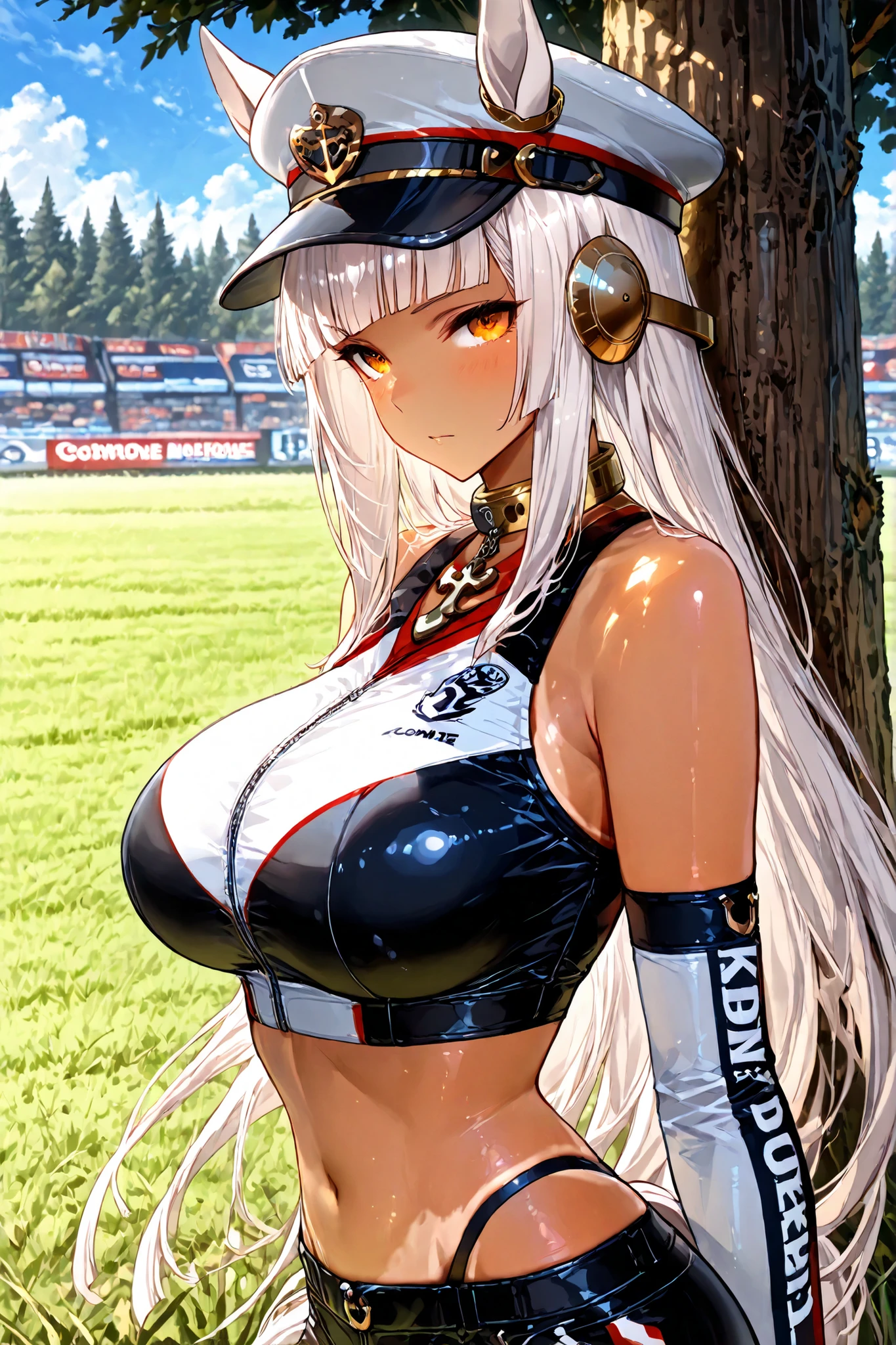 default,(masterpiece, detailed:1.2), UmaUma, horse girl, White hime haircut, horse ears, detached sleeves,sleeveless shirt, peaked cap,anchor ornament necklace,black underwear,metal collar,  body. Uma Musume, unofficial racing outfit, , tanned skin, alone, outdoors. big Beautiful , white hair with, bright orange eyes, background: only under a tree, grass.