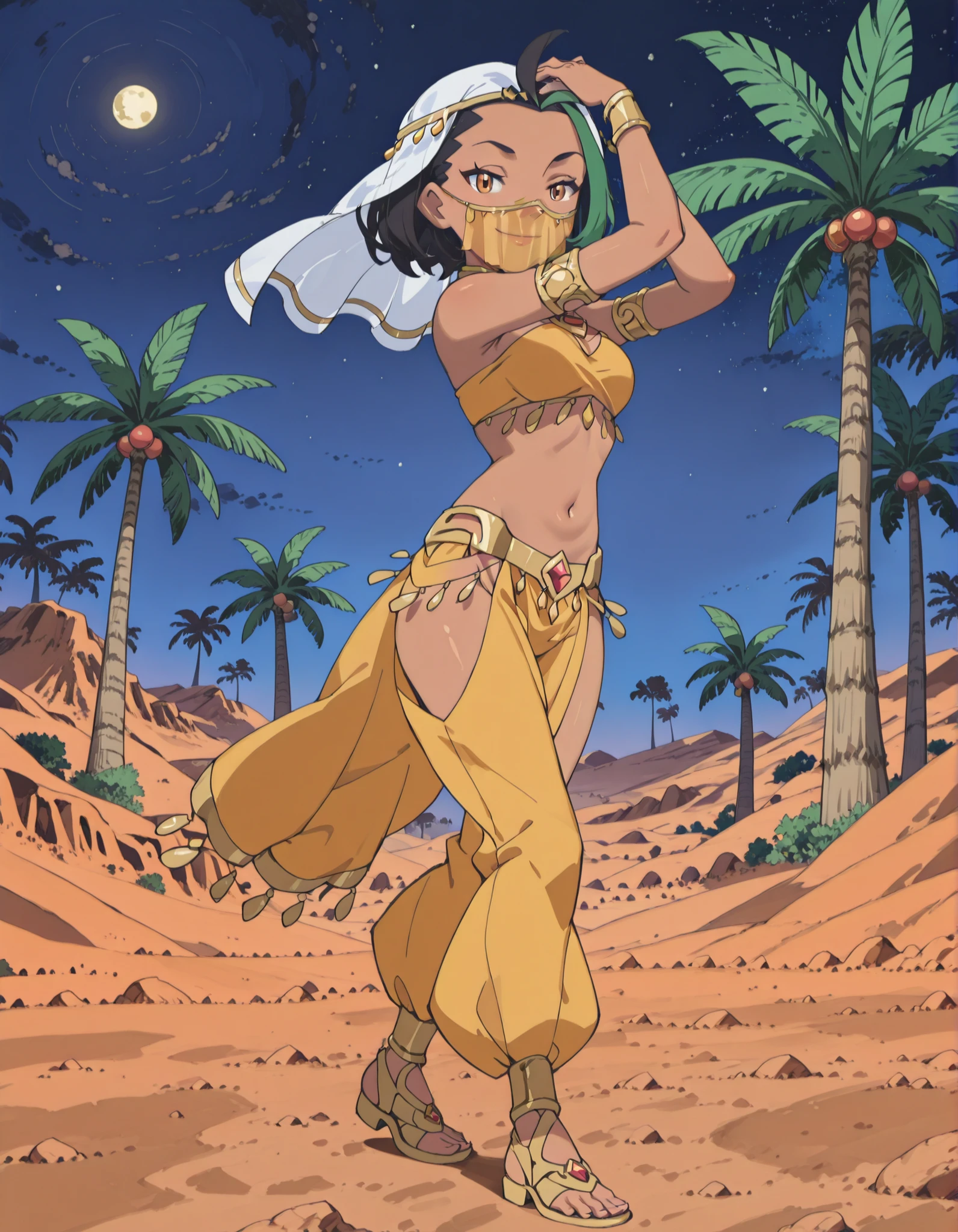 (1girl:1 . 5) , (Seul:1 . 5) , score_9 , score_8_haut , score_7_haut , source_anime , Official work  , ultra-detailed , masterpiece , best quality , high resolution , beaux yeux , detailed eyes , Detailed face , beautiful detailed eyes ,Pokemon Horizons, Nemona,Arabian Clothes , Arabian Dancer ,belly dancer costume ,full body,golden jewelery,mouth veil,armlet, belly dancing,night,desert lands,palm tree,seductive smile, dancing with veil, dynamic movement,dance posture,  pose