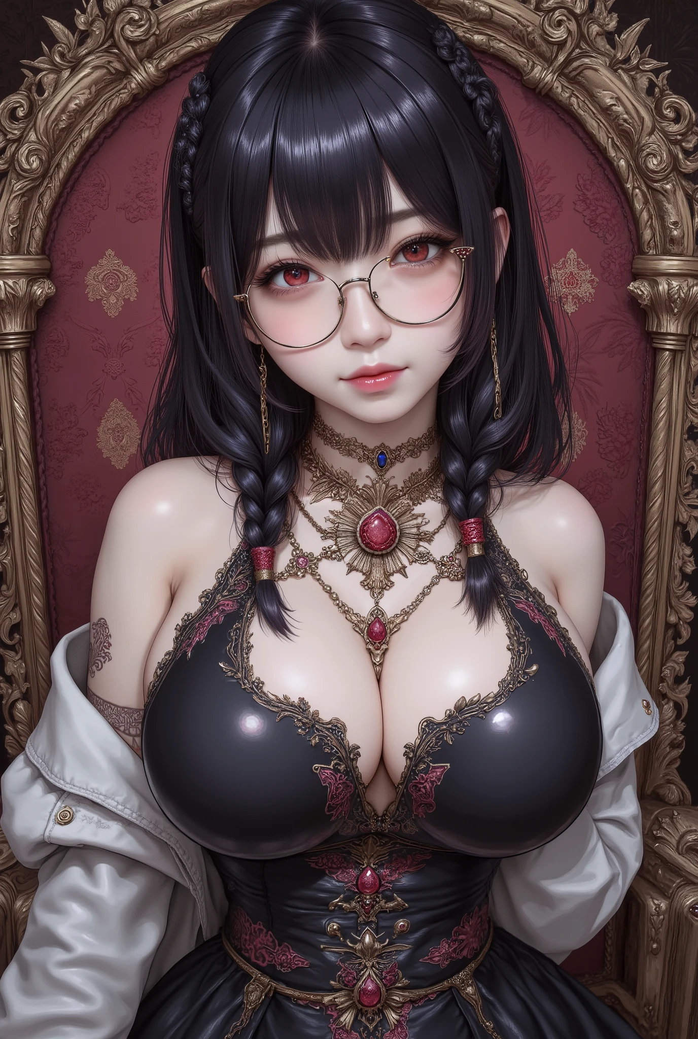 Are you okayですかですか、(best illustrations)、8k UHD resolution、intricate details、highest quality、realistic、Super detailed、best lighting、best shadows、soft lighting、Ultra HD、超realistic、Tyndall effect、Photoreal、(high detail skin:1.2)、 (intricate details, compensate, face to face with the children_v1:0.5), (Are you okay, beautiful and delicate face, Are you okayですか, beautiful and delicate eyes, perfectly proportioned face, high resolution skins, fine skin, Optimal ratio of 4 fingers and 1 thumb, arm under chest, red tattoo on lower abdomen、wow wow, wide hips, smooth abdomen, thin and thin skin, __fashion__, __hair__:1.25)、Digital single-lens reflex camera、 absurd、(table top: 1.3), (maximum resolution: 1.2), (Ultra HDTV: 1.2), cinematic light, fine eyes and skin, detailed facial features, , (sharp focus: 1.2）, (focus on face:1.2),perfect style, beautiful face, acura, anatomically correct, Highly detailed face and skin texture, fine eyes, double eyelid, thin eyebrows, glitter eyeliner: 1 natural cheeks, Glossy skin, Fair skin: 1.2, (glossy lips: 1.4),(embarrassed look: 1.2),Highly detailed face and skin texture, fine eyes, double eyelid, natural cheeks,  glossy lips: 1.4,exposed cleavage、Bewitching。Charm、 Beautiful devil woman from hell, Surreal female portraits by David Hockney and Alphonse Mucha, Charm女性の肖像画、fantasy art, chinese doll、Chinese actress、dungeon、dragon、devil&#39;Palace of、devil&#39;torture chamber、night、dark style 、in the dark、(detailed spooky background:0.8), magic、 1 girl、evil nun、dark necromancer、Succubus、devil&#39;Daughter of、Shinonome Umi、bat wings，(((devil&#39;horn)))、 ((((giant glasses, otaku glasses, thick glasses, round glasses)))),(((big breasts)))、(devil&#39;tail of)、(red eyesは光り輝いて:1.6)、red eyesは非常に鮮明で詳細です, Your eyes are made up so beautifully, ((red eyes:1.0)),intricate tattoo, demonic intricate tattoo, Tattoo on the thigh, body tattoo, masterpiece、最もbeautiful face、baby face、cute smile、beautiful plump red lips、筋肉のCharm体、devilのCharm体、devil style、Charmブラックマジックコスチューム、The long-haired、Braid、Black hair、Ponytail distortion、, Ponytail with a bow tied at the back of the hair, beautiful expression、body up、big breasts強調、bust,  super tight chest, Breast augmentation surgery, The chest is very large and round,tight waist、wide ass、 private key, cowboy lens, (Black Phoenix Dress: 1.0),  devil crown,  red sparkling gemstone necklace、Jewelry G Wise,  Please wear black mesh socks,Wearing light red、nffsw, nffsw, meet beautiful girls, looking at girl&#39;body of,