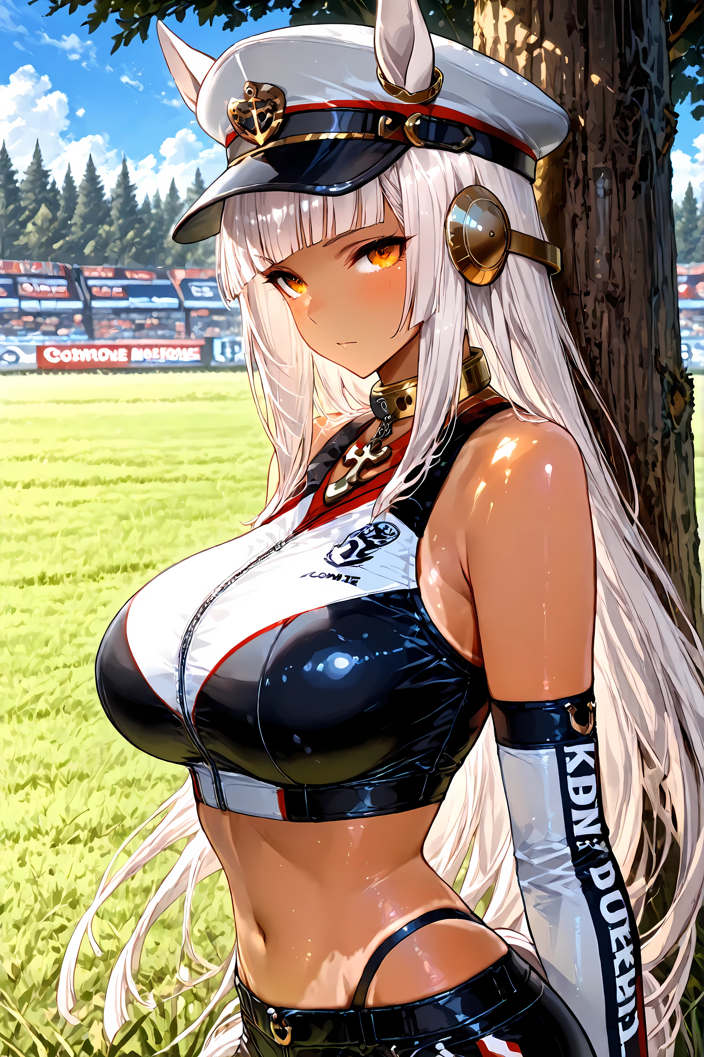 default,(masterpiece, detailed:1.2), UmaUma, horse girl, White hime haircut, horse ears, detached sleeves,sleeveless shirt, peaked cap,anchor ornament necklace,black underwear,metal collar,  body. Uma Musume, unofficial racing outfit, , tanned skin, alone, outdoors. big Beautiful , white hair with, bright orange eyes, background: only under a tree, grass.