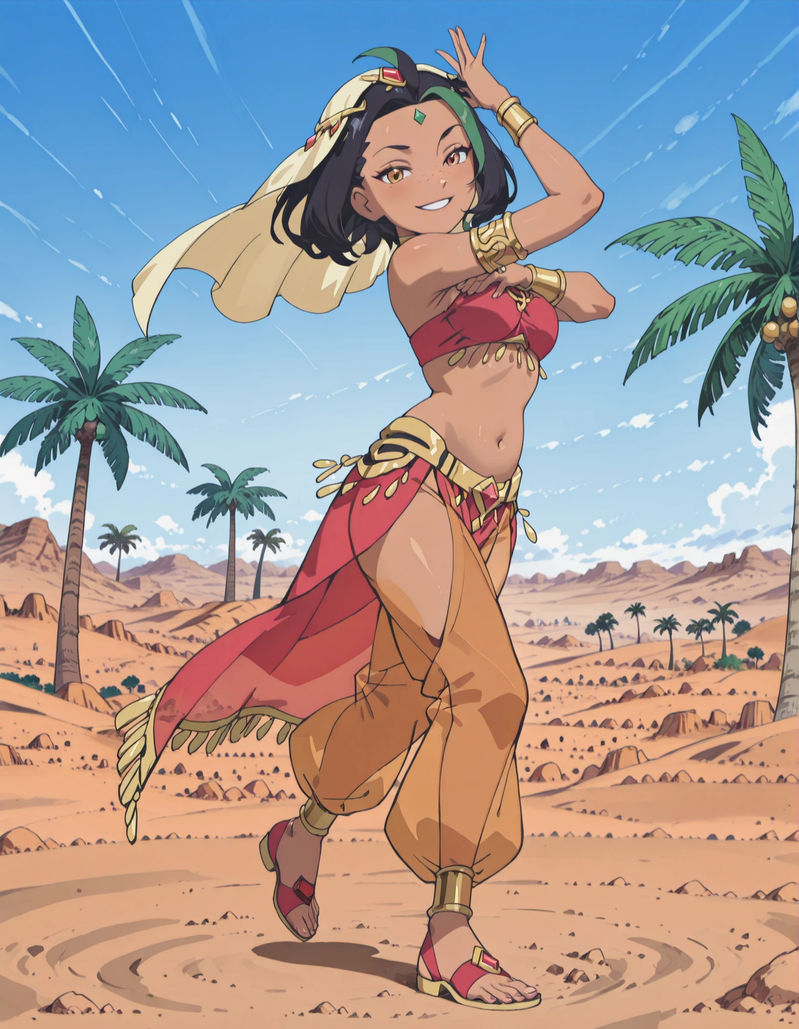 (1girl:1 . 5) , (Seul:1 . 5) , score_9 , score_8_haut , score_7_haut , source_anime , Official work  , ultra-detailed , masterpiece , best quality , high resolution , beaux yeux , detailed eyes , Detailed face , beautiful detailed eyes ,Pokemon Horizons, Nemona,Arabian Clothes , Arabian Dancer ,belly dancer costume ,full body,golden jewelery,armlet,belly dancing,desert lands,palm tree,seductive smile, dancing with veil, dynamic movement,dance posture, seductive pose