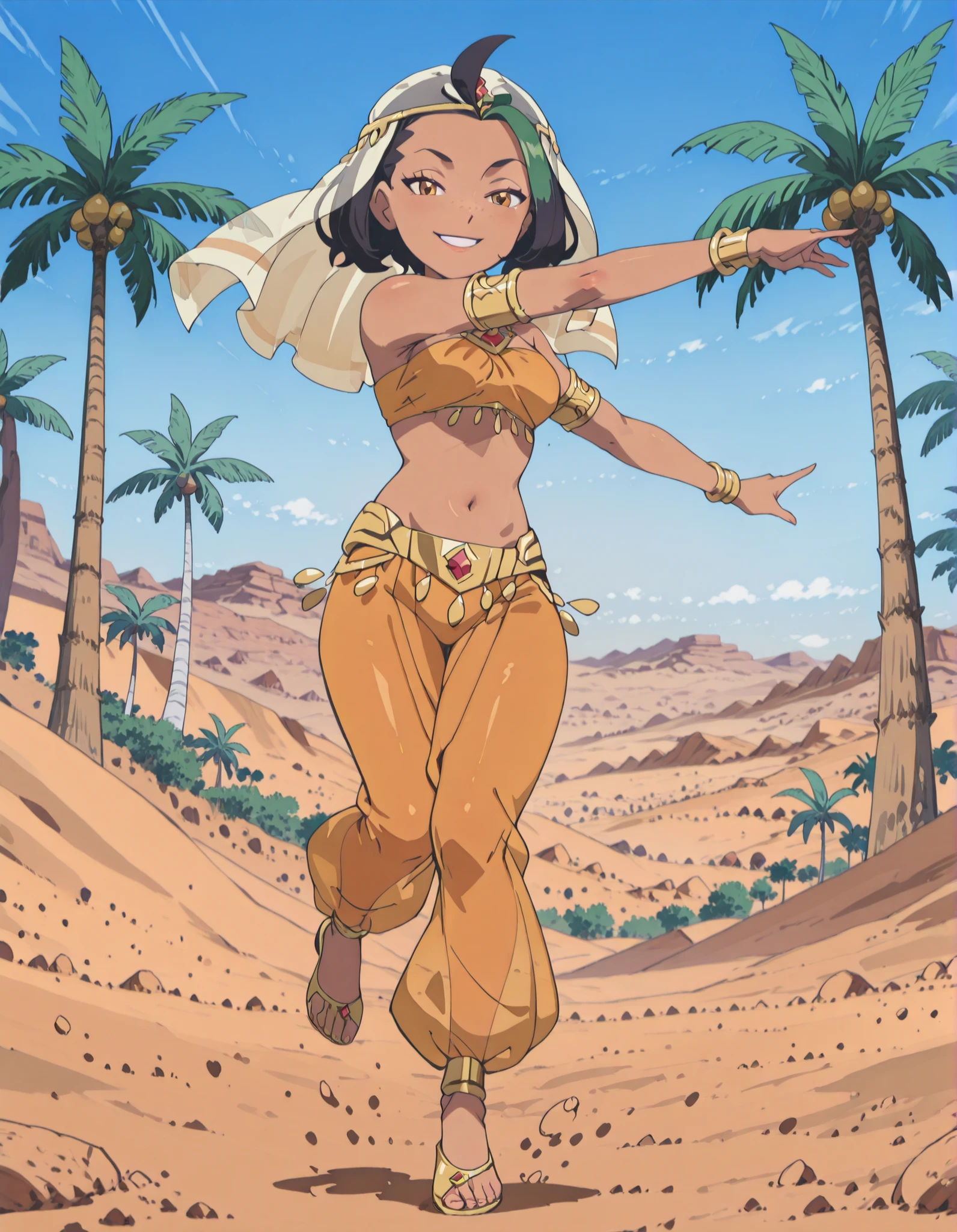 (1girl:1 . 5) , (Seul:1 . 5) , score_9 , score_8_haut , score_7_haut , source_anime , Official work , ultra-detailed , masterpiece , best quality , high resolution , beaux yeux , detailed eyes , Detailed face , beautiful detailed eyes ,Pokemon Horizons, Nemona,Arabian Clothes , Arabian Dancer ,belly dancer costume ,full body,golden jewelery,armlet,belly dancing,desert lands,palm tree,seductive smile, dancing with veil, dynamic movement,dance posture, pose