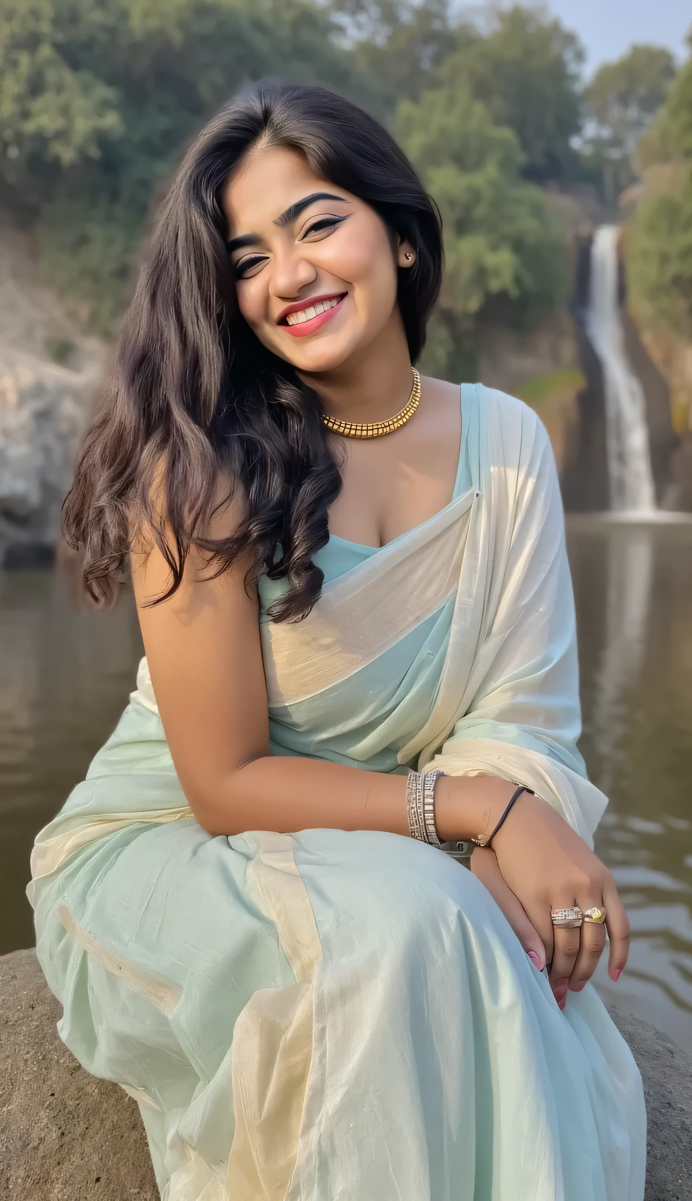 A beautiful young  malayali house wife, chubby cheeks,  wearing light blue designer saree and a white cotton blouse, long curly  thick black hairs, sitting on a rock near aathirapilly water falls in kerala, ,outdoor photoshoot poses, scenic water fall and lush greenery,, she has beautiful fert with a golden ring on her fingers