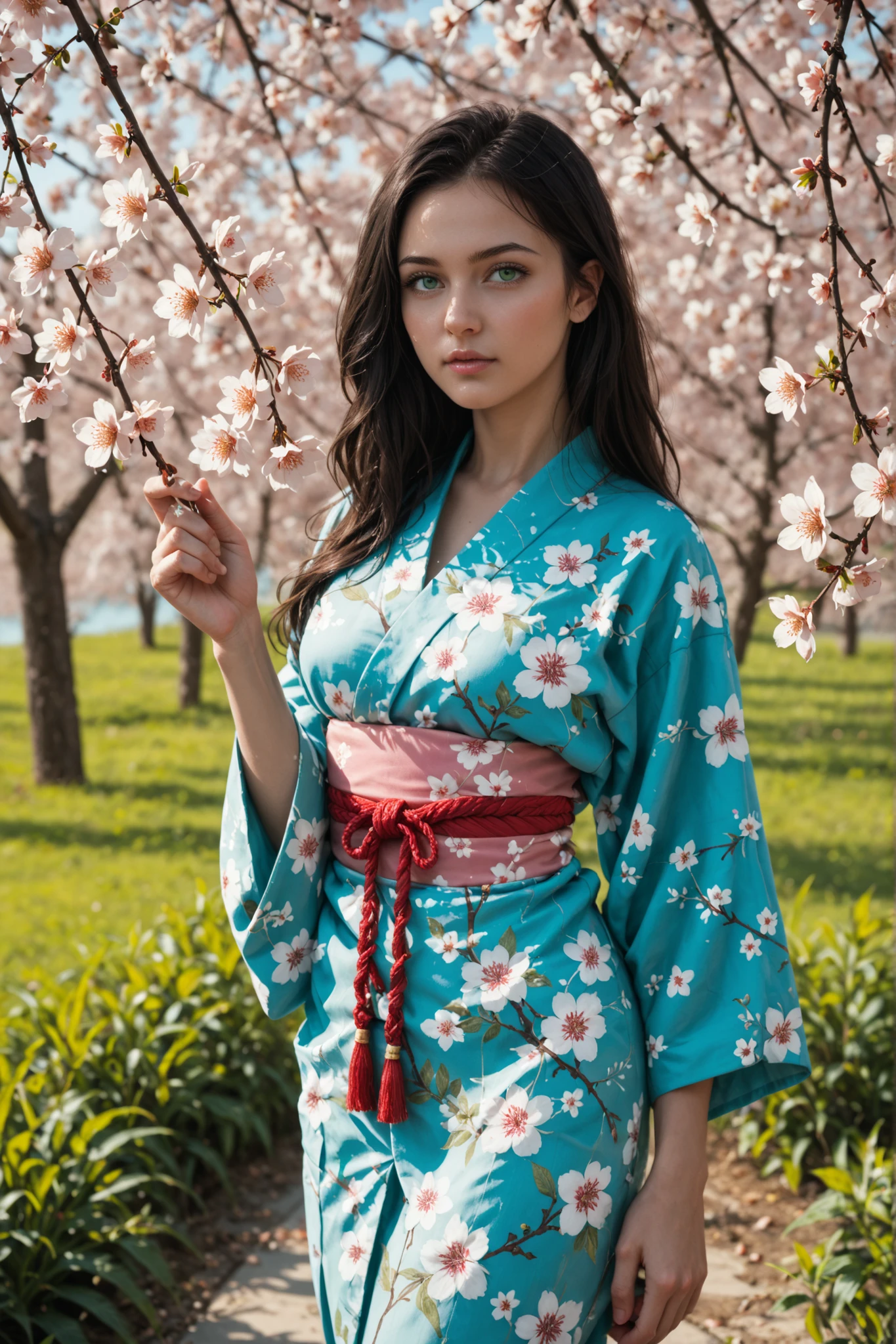 score_9_up, score_8_up, score_7_up, score_6_up, realostic, 1girl, staring ahead, looking at viewer, highly detailed, beautiful background, beautiful art, beautiful lighting, long slim legs, Fitness model, zal, (SuperQuality:1.0), look like aria wintermint, fit skinny girl, hair over one eye, long black hair, green eyes, pale skin, (She is dressed in a dark kimono, a very short yukata), blue-black in color, with a pattern in the form of flowers of dark green with a golden tint., walk under cherry blossom trees, blossom leafs in air, accurate hands and fingers, 