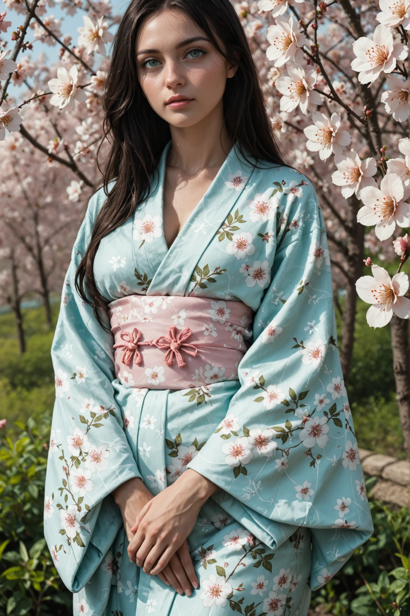 score_9_up, score_8_up, score_7_up, score_6_up, realostic, 1girl, staring ahead, looking at viewer, highly detailed, beautiful background, beautiful art, beautiful lighting, long slim legs, Fitness model, zal, (SuperQuality:1.0), look like aria wintermint, fit skinny girl, hair over one eye, long black hair, green eyes, pale skin, (She is dressed in a dark kimono, a very short yukata), blue-black in color, with a pattern in the form of flowers of dark green with a golden tint., walk under cherry blossom trees, blossom leafs in air, accurate hands and fingers, 