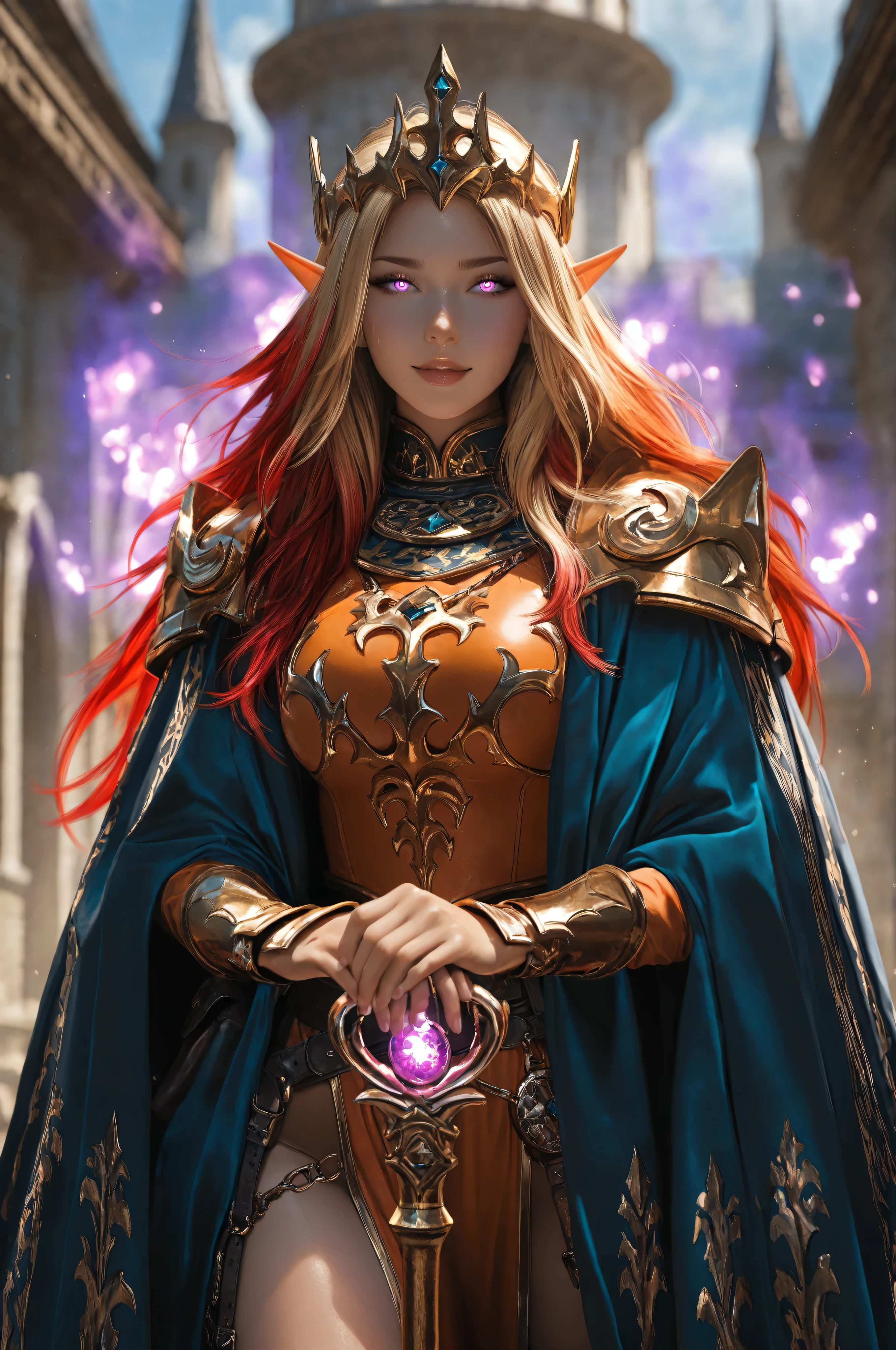aidmaMJ6.1, a facial portrait of a female elf (intense details, Masterpiece, best quality) fantasy cleric, fantasy celestial guardian, armed with a holy symbol, shinning holy symbol, metallic shine, epic beautiful female elf, blond hair with red highlights , rich hair, purple glowing eyes, action shot, colorful magical sigils in the air, colorful divine markings floating, holding a holy symbol (intricate details, Masterpiece, best quality), fantasy magical urban street  in elven city (intense details, Masterpiece, best quality), multi colored cloak cloak, long cloak, orange armor, sense of daring, sense of adventure, high details, best quality, 16k, [ultra detailed], masterpiece, best quality, (extremely detailed), dynamic angle, ultra wide shot, photorealistic, RAW, fantasy art, dnd art,fantasy art, realistic art