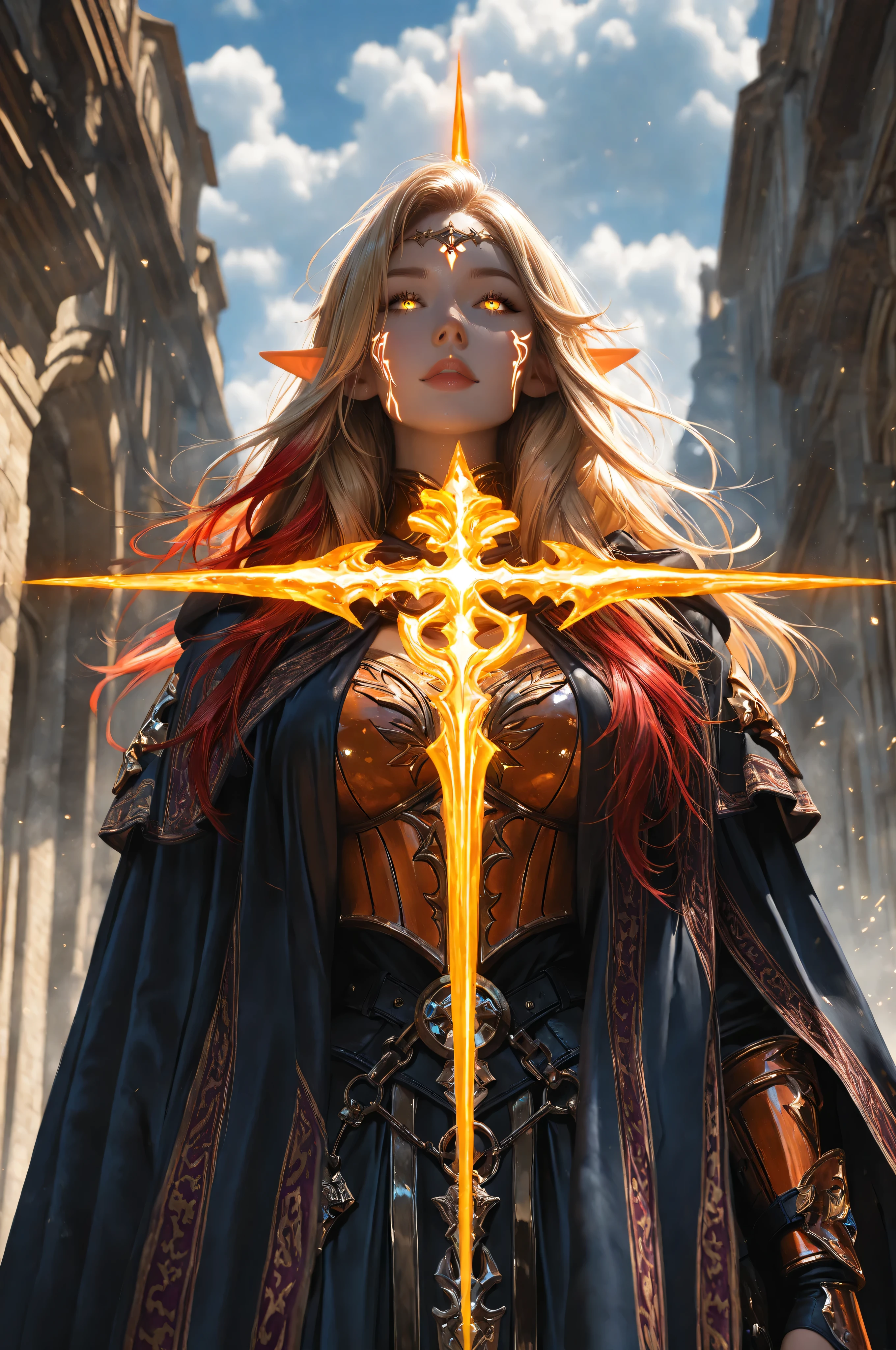  Ink Style, best quality, soft lines, clear details,aidmaMJ6.1, a facial portrait of a female elf (intense details, Masterpiece, best quality) fantasy cleric, fantasy celestial guardian, armed with a holy symbol, shinning holy symbol, metallic shine, epic beautiful female elf, blond hair with red highlights , rich hair, purple glowing eyes, action shot, colorful magical sigils in the air, colorful divine markings floating, holding a holy symbol (intricate details, Masterpiece, best quality), fantasy magical urban street  in elven city (intense details, Masterpiece, best quality), multi colored cloak cloak, long cloak, orange armor, sense of daring, sense of adventure, high details, best quality, 16k, [ultra detailed], masterpiece, best quality, (extremely detailed), dynamic angle, ultra wide shot, photorealistic, RAW, fantasy art, dnd art,fantasy art, realistic art