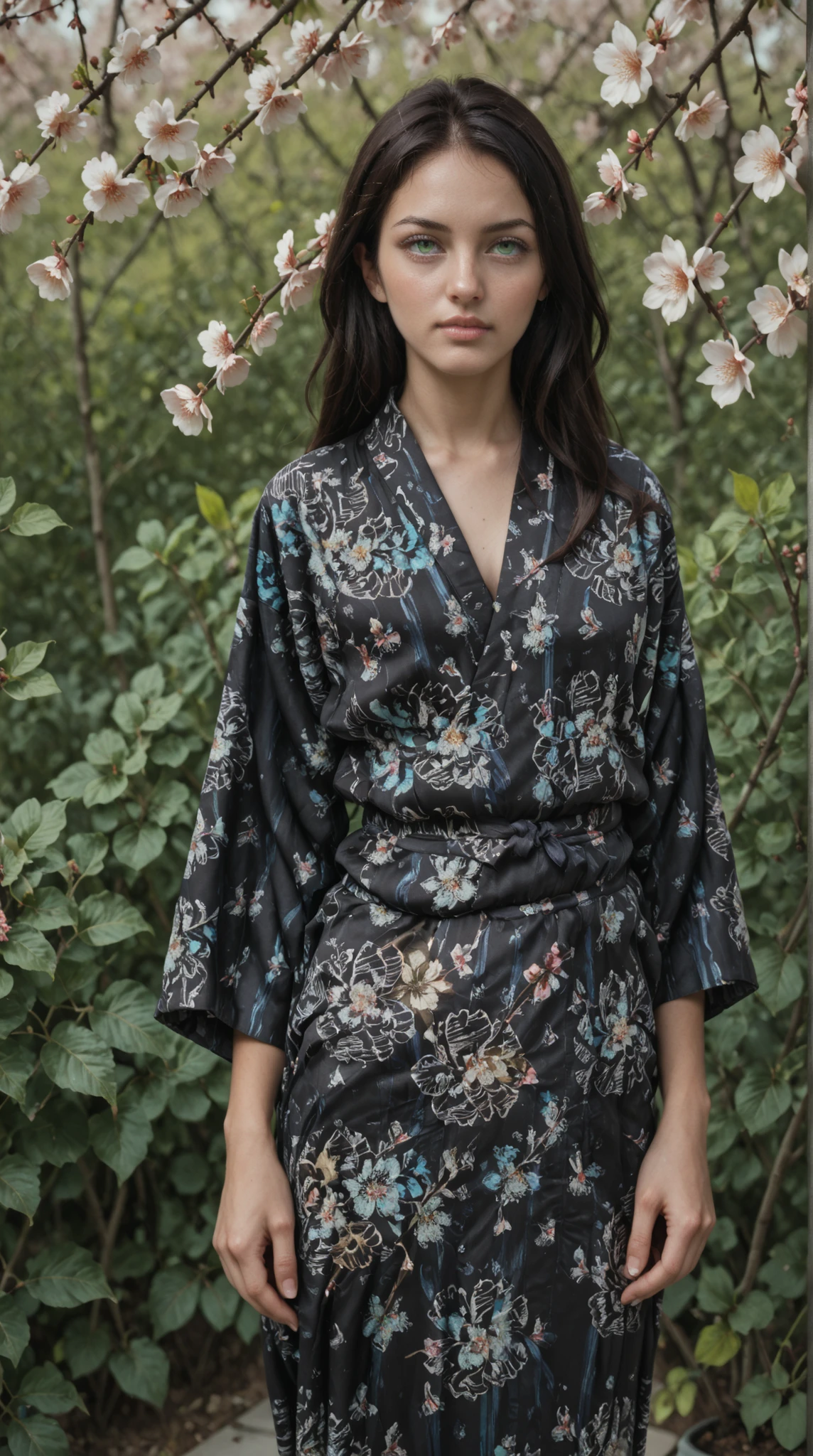 Floral, Floral pattern ,score_9_up, score_8_up, score_7_up, score_6_up, realostic, 1girl, staring ahead, looking at viewer, highly detailed, beautiful background, beautiful art, beautiful lighting, long slim legs, fashion model, zal, (SuperQuality:1.0), look like aria wintermint, fit skinny girl, black hair, green eyes, pale skin, (She is dressed in a dark kimono, a very short yukata, blue-black in color, with a pattern in the form of tentacle of dark green with a golden tint), walk under cherry blossom trees, blossom leafs in air, accurate hands and fingers, She is dressed in a dark kimono, a very short yukata, blue-black in color, with a pattern in the form of flowers of dark green with a golden tint.