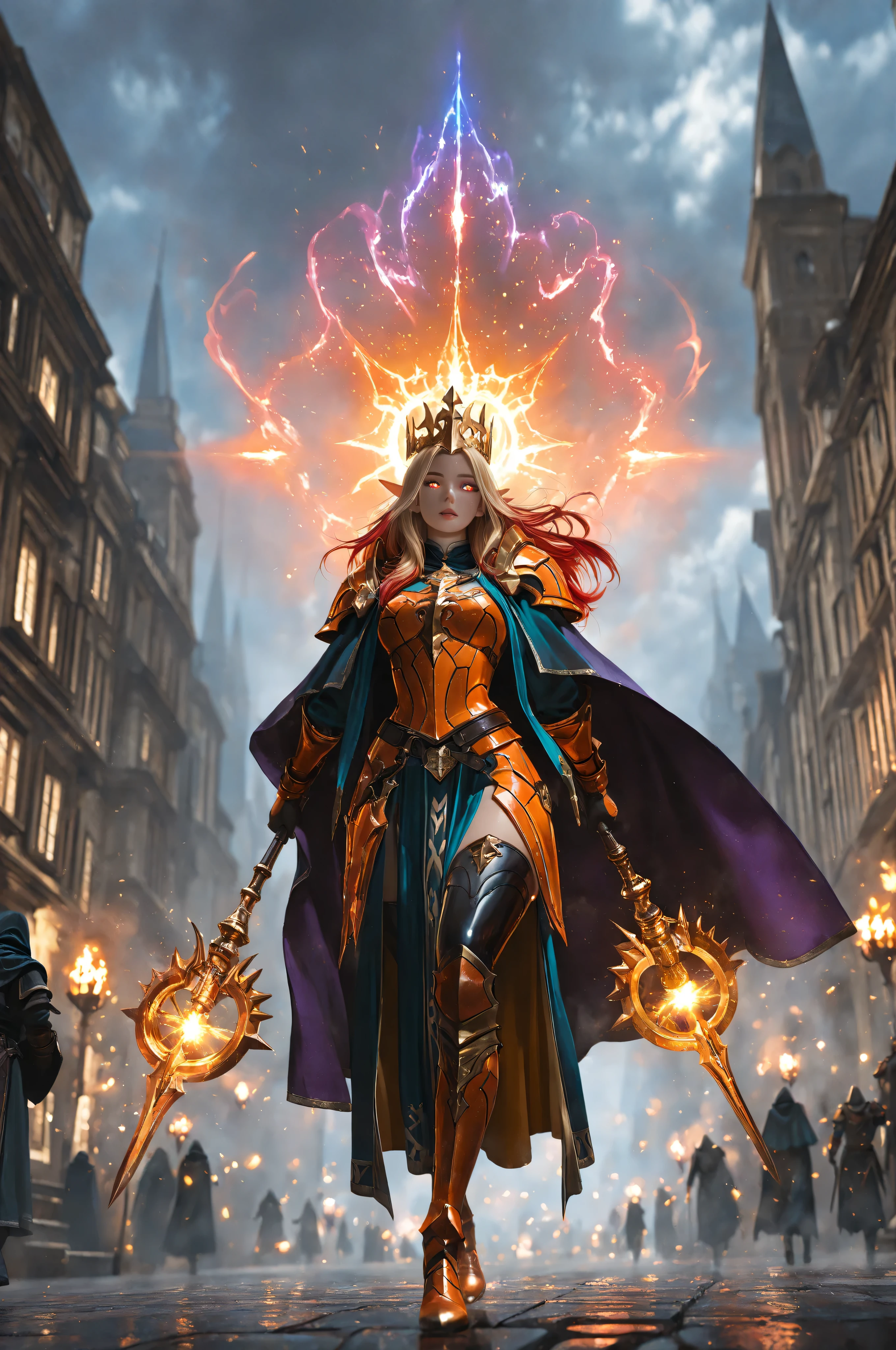  Ink Style, best quality, soft lines, clear details,aidmaMJ6.1, a facial portrait of a female elf (intense details, Masterpiece, best quality) fantasy cleric, fantasy celestial guardian, armed with a holy symbol, shinning holy symbol, metallic shine, epic beautiful female elf, blond hair with red highlights , rich hair, purple glowing eyes, action shot, colorful magical sigils in the air, colorful divine markings floating, holding a holy symbol (intricate details, Masterpiece, best quality), fantasy magical urban street  in elven city (intense details, Masterpiece, best quality), multi colored cloak cloak, long cloak, orange armor, sense of daring, sense of adventure, high details, best quality, 16k, [ultra detailed], masterpiece, best quality, (extremely detailed), dynamic angle, ultra wide shot, photorealistic, RAW, fantasy art, dnd art,fantasy art, realistic art