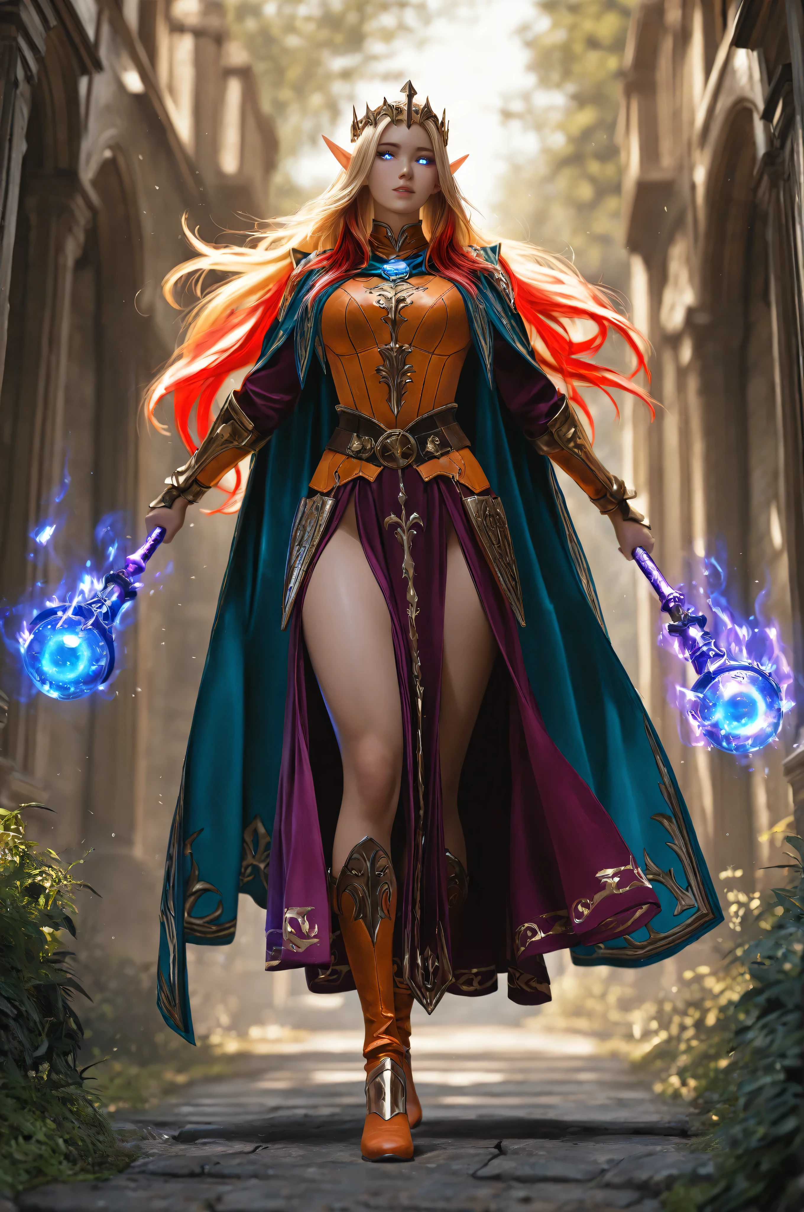 aidmaMJ6.1, a portrait of a female elf (intense details, Masterpiece, best quality) fantasy cleric, fantasy celestial guardian, armed with a holy symbol, shinning holy symbol, metallic shine, epic beautiful female elf, blond hair with red highlights , rich hair, purple glowing eyes, action shot, colorful magical sigils in the air, colorful divine markings floating, holding a holy symbol (intricate details, Masterpiece, best quality), fantasy magical urban street  in elven city (intense details, Masterpiece, best quality), multi colored cloak cloak, long cloak, orange armor, sense of daring, sense of adventure, high details, best quality, 16k, [ultra detailed], masterpiece, best quality, (extremely detailed), dynamic angle, ultra wide shot, photorealistic, RAW, fantasy art, dnd art,fantasy art, realistic art