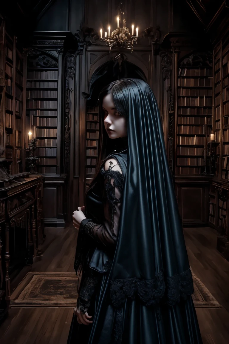 A female ghost inside a gothic library who with an open book in her hand has her mouth open to scream facing the camera, the dark-looking woman is located near a shelf of the library and is raised in the air