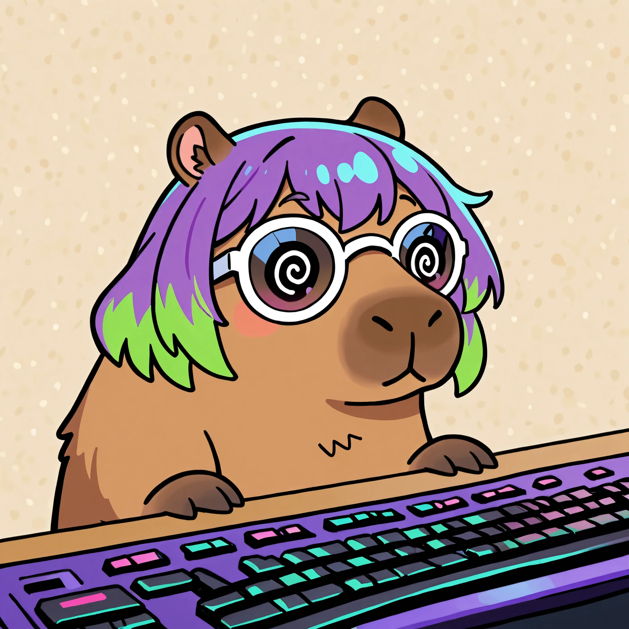 capybara with cuprid hair glasses(purple with green highlights) Playing keyboard and mouse drawing