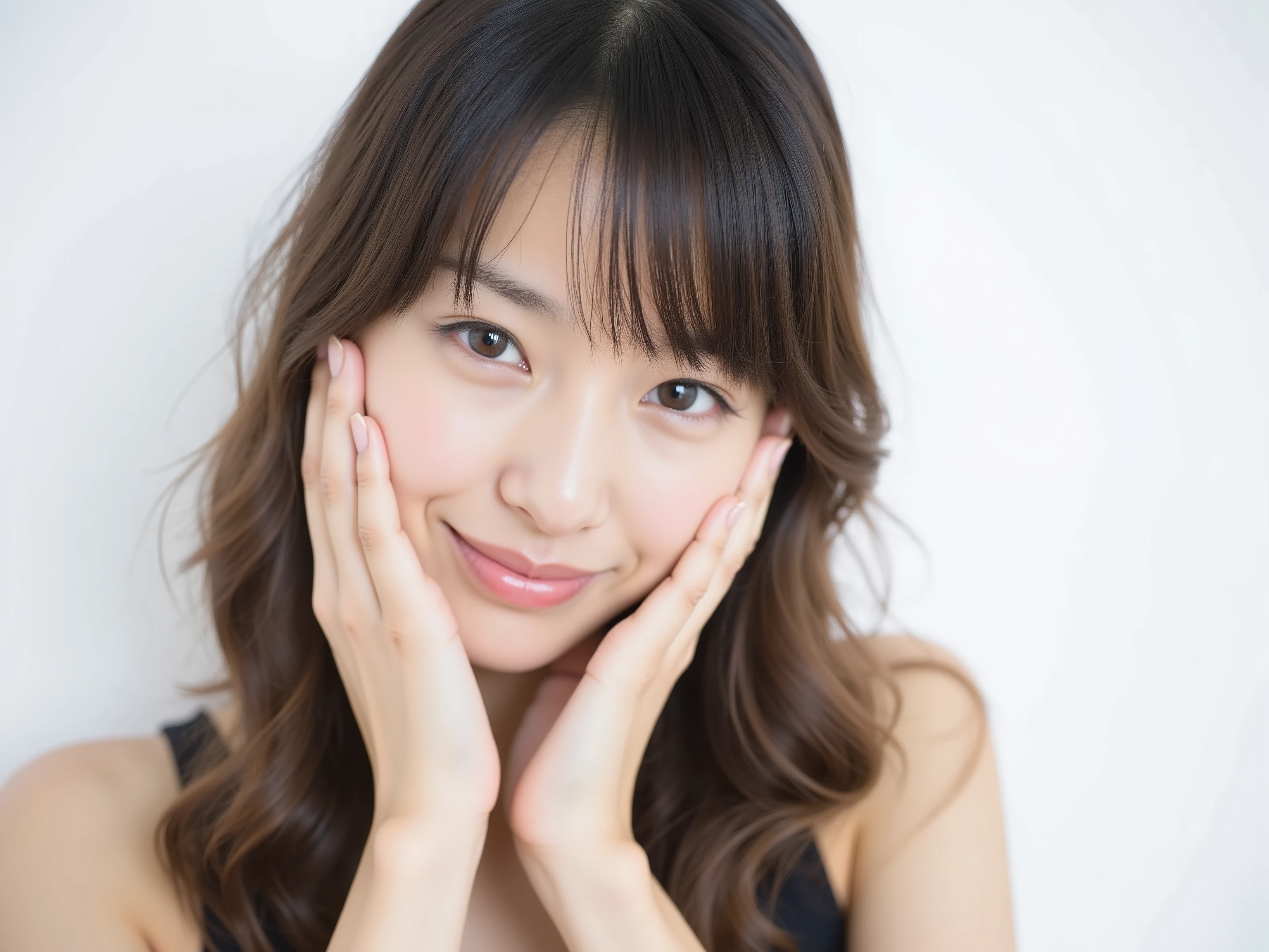 (Refined from an old photo, recreated in a modern, ultra high-quality photorealistic style, with a trendy Reiwa-era hairstyle: soft semi-long hair with natural waves and airy see-through bangs),
Ultra photorealistic close-up portrait of a beautiful Japanese woman,
upper-body shot, wearing a black outfit (completely out of frame, not visible),
shoulders and collarbone softly exposed,
both hands pressing her cheeks in a shy, lovestruck pose,
sparkling eyes gazing dreamily at the viewer with overwhelming affection,
cheeks blushing deeply with a sweet reddish glow,
soft glossy lips curved into a bright, full, lovestruck smile,
expression melting with love, playful, dreamy, adorably bashful,
purely cute and lovestruck, overflowing with affection and warmth,
smooth glowing skin texture with delicate details,
hair softly framing her blushing face, slightly tousled,
background pure white with gentle blur,
(masterpiece, best quality, high resolution, intimate romantic close-up, cinematic magazine cover style)