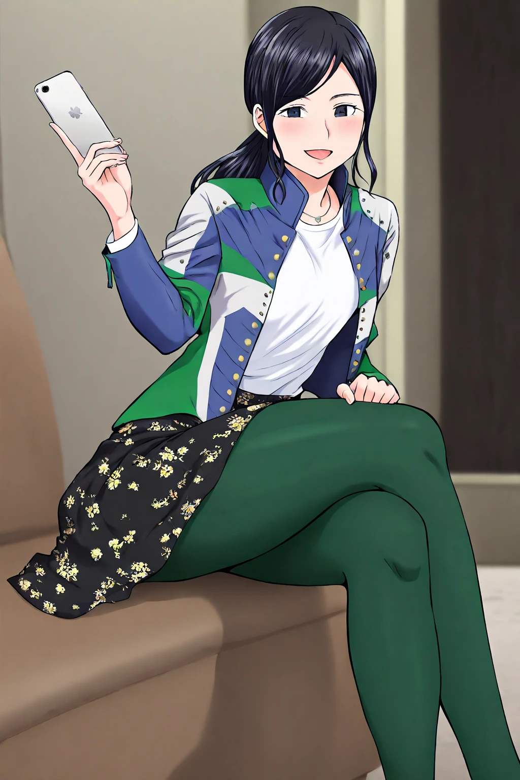 masterpiece, best quality, amazing quality, very aesthetic, absurdres, newest,  anime screenshot,  anime coloring,   <lora:JHStyle:0.6>jhstyle <lora:HammieKyugangerIllust:1>hammiekyuranger, 1girl, jacket, black hair, smile, black eyes, ponytail, long hair, shirt, floral print skirt, black_skirt green pantyhose, thick thighs,  v_sign wink clenched teeth,  smile,medium breasts,maku_lu_style, foot focus, barefoot, sitting, toes, 裸足, 足裏, 開脚