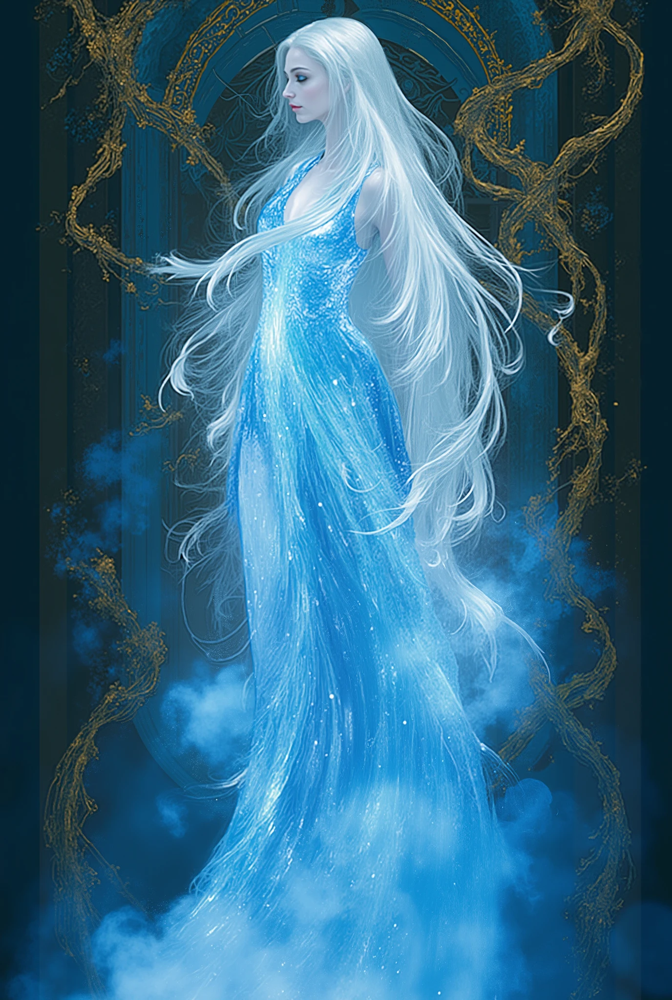 A mystical figure with flowing white hair and a glowing, ethereal blue dress. The figure is composed of light and energy, with wisps of smoke or mist surrounding the lower part of the dress. The background is a deep blue, enhanced by the addition of golden vines and natural ornaments, creating a serene yet enchanted atmosphere. The golden details in the background should resemble intricate, nature-inspired patterns, adding warmth and elegance while preserving the magical and otherworldly mood