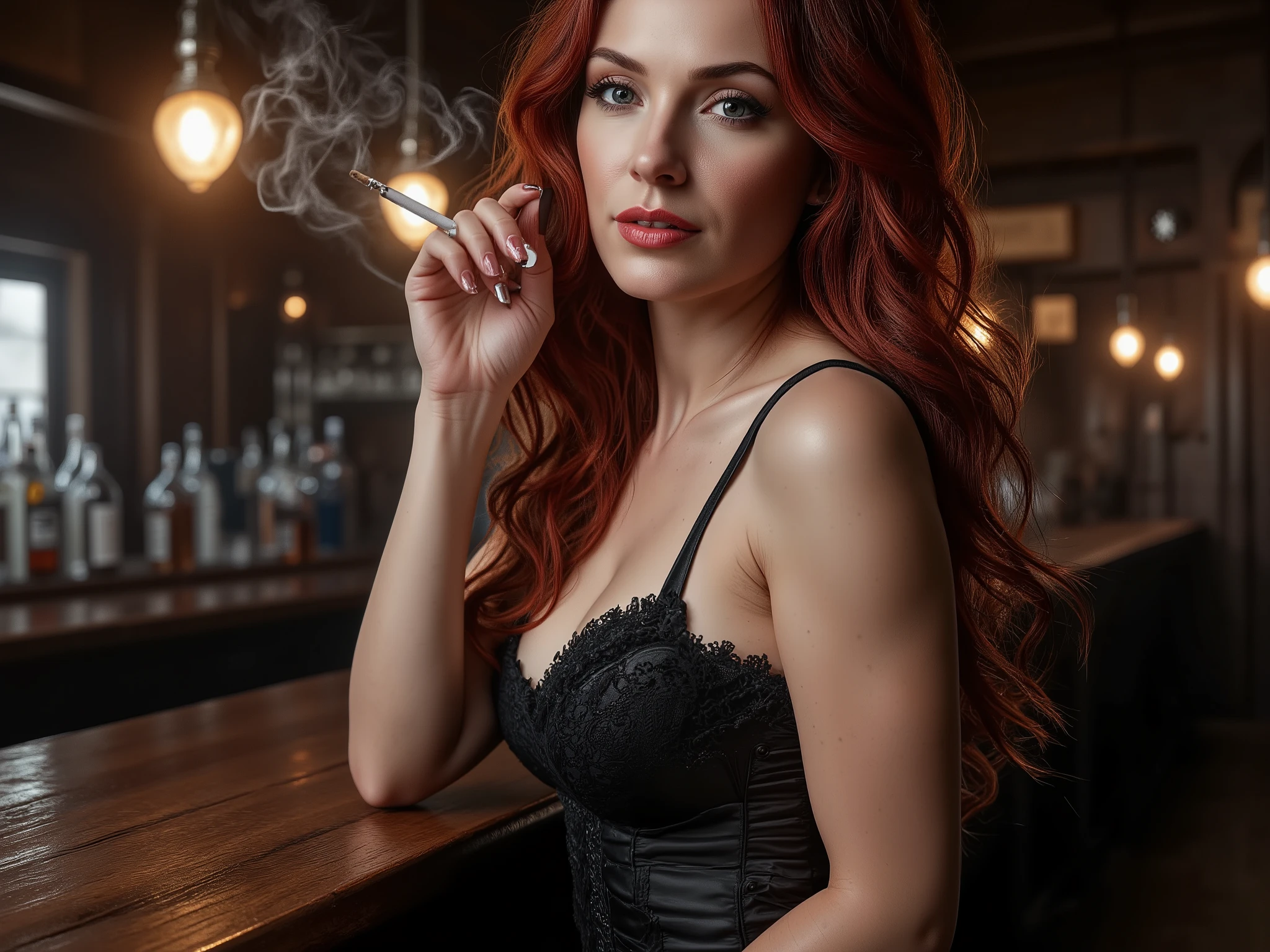 Ultra-detailed cinematic close-up of Bel inside a dimly lit Western saloon. She leans elegantly against the wooden bar, wearing a black lace corset with satin details that accentuate her curves in a provocative yet refined way. Her lips are slightly parted as she exhales a delicate trail of smoke from a slim cigarette, her expression confident and seductive. Her eyes, half-lit by the warm golden glow of an oil lamp, gaze forward with a mix of mystery and allure. Her hair cascades in soft waves, framing her flawless face. The blurred background shows faint shapes of liquor bottles and polished wood, giving depth of field. Hyper-realistic textures, lifelike skin, natural proportions, 16:9, [FLUX] REALISTIC FANTASY MACHINE DIGITAL.