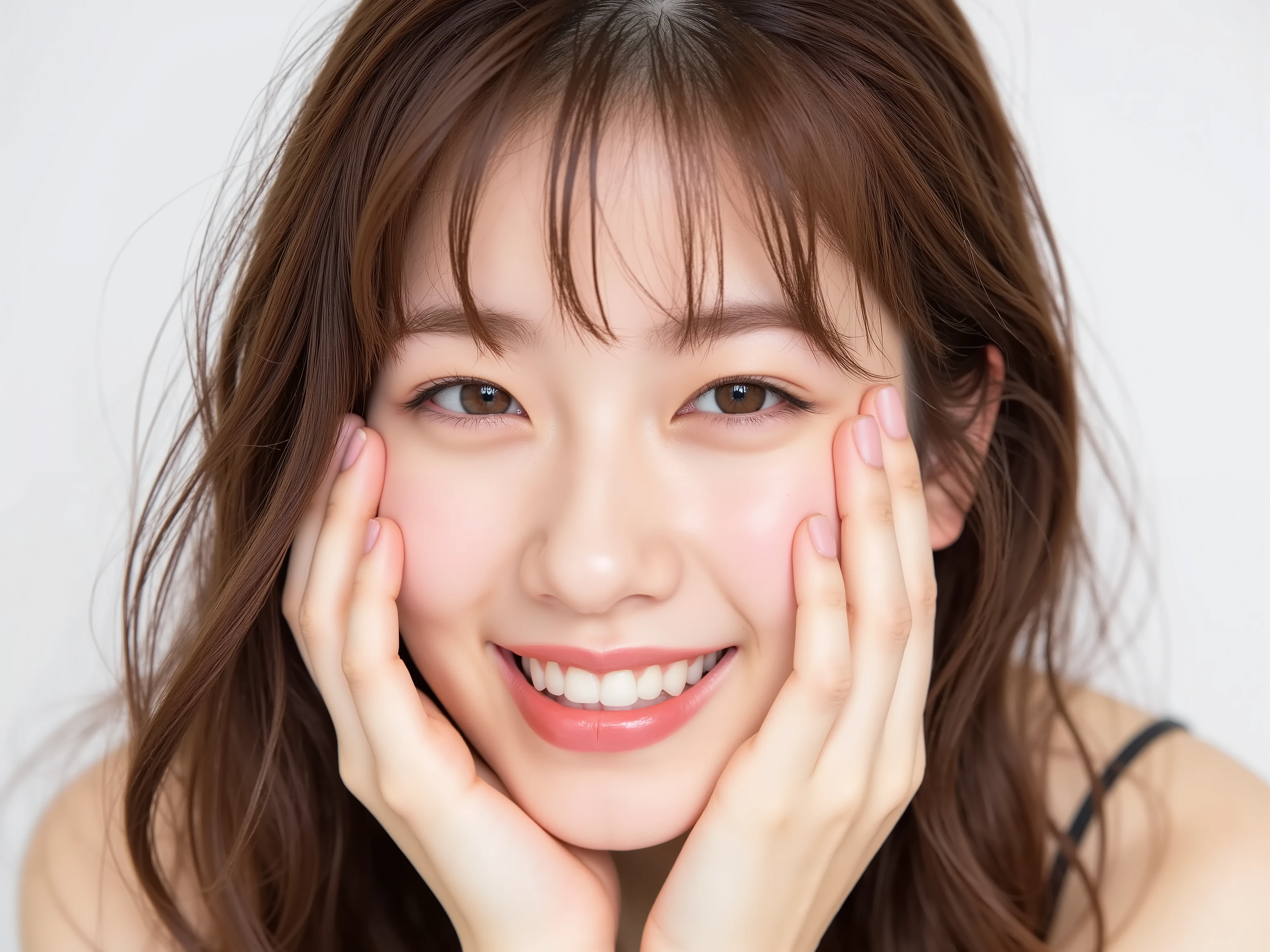 (Refined from an old photo, recreated in a modern, ultra high-quality photorealistic style, with a trendy Reiwa-era hairstyle: soft semi-long hair with natural waves and airy see-through bangs), 
Ultra photorealistic close-up portrait of a beautiful Japanese woman, 
upper-body shot, wearing a black outfit (completely out of frame, not visible), 
shoulders and collarbone softly exposed, 
both hands pressing her cheeks in a shy, lovestruck pose, 
sparkling eyes gazing dreamily at the viewer with overwhelming affection, 
cheeks blushing deeply with a sweet reddish glow, 
soft glossy lips curved into a bright, full, lovestruck smile, 
expression melting with love, playful, dreamy, adorably bashful, 
purely cute and lovestruck, overflowing with affection and warmth, 
smooth glowing skin texture with delicate details, 
hair softly framing her blushing face, slightly tousled, 
background pure white with gentle blur, 
(masterpiece, best quality, high resolution, intimate romantic close-up, cinematic magazine cover style)
