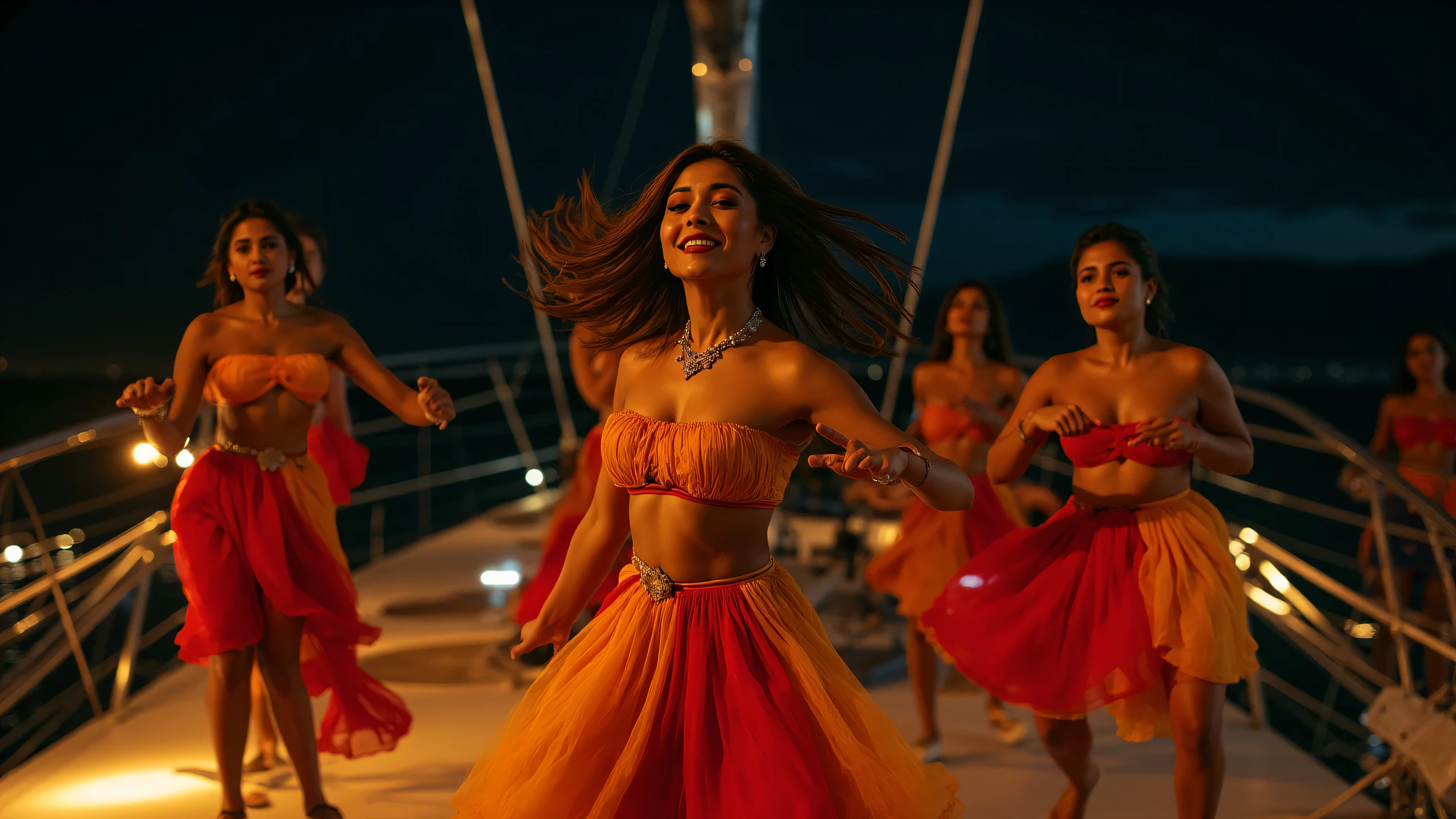 A group of women is joyfully dancing on the deck of a yacht, surrounded by the expansive view of the ocean under a bright and clear sky. The women are dressed in colorful, flowing skirts and crop tops, giving a sense of freedom and cultural vibrancy. The main dancer [large breast and trendy modern dress]in the foreground draws attention with her flowing long hair and a graceful pose, suggesting movement and rhythm. The night light casts a warm glow over the scene, enhancing the vibrant hues of their clothing. In the background, the gentle waves and clear black sky create a serene backdrop, contrasting with the energetic dance. The atmosphere is filled with joyous energy, as the dancers seem to be celebrating or performing a traditional dance routine in this picturesque setting.