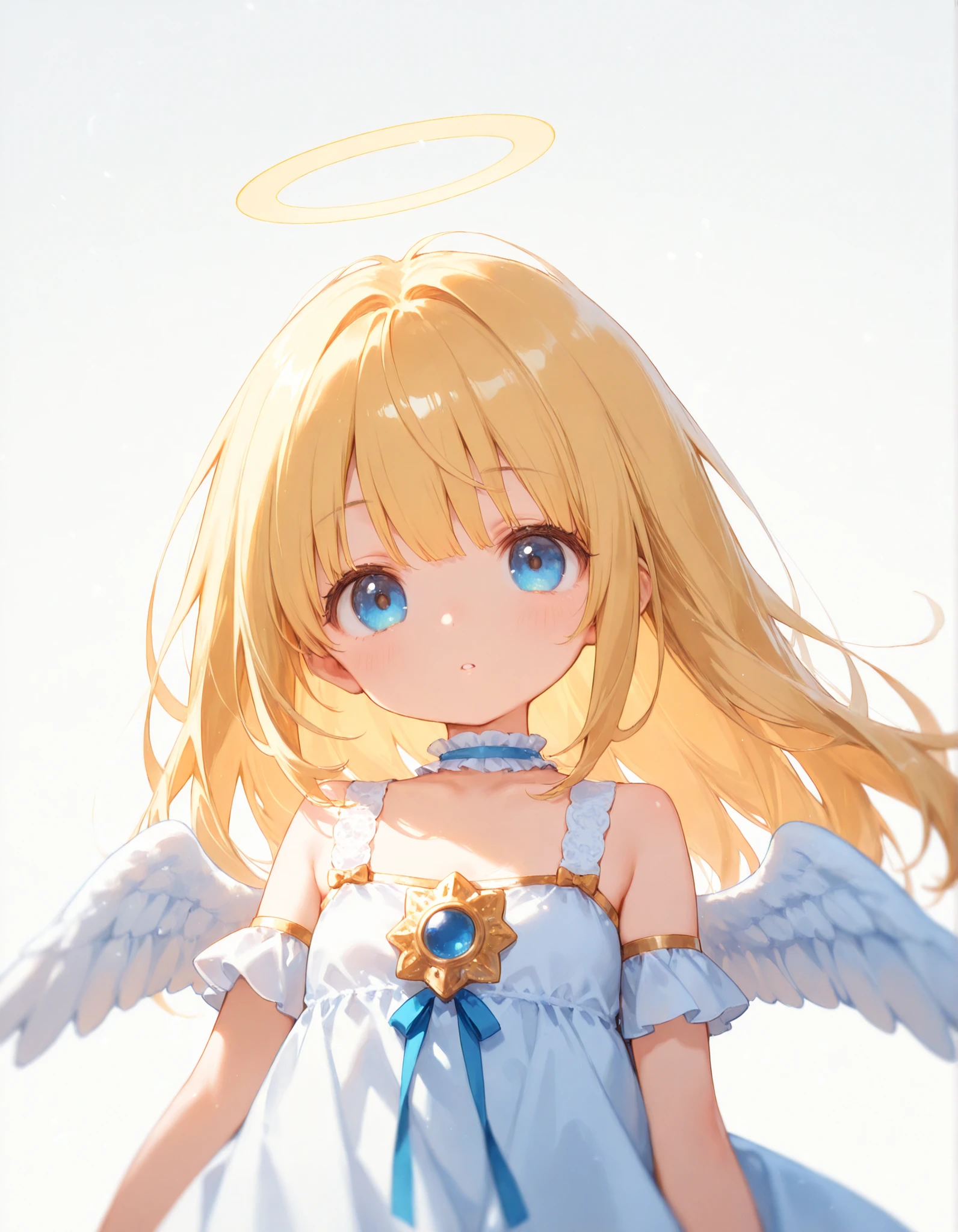 highest quality, masterpiece, ultra high resolution, cute face, flat design, Yellow theme, 
1 girl, Colorful blonde hair, colorful blue eyes, (sleepy eyes:1.1), (Completely :1.3), cute, Bedtime, messy long hair,pastel colour、kind eyes、young face、
( simple dark background), , glow in the dark, cure,  ((halo))、Shining white wings grow from his back、I'It's embarassing、(face close-up、hands on own :1.3)