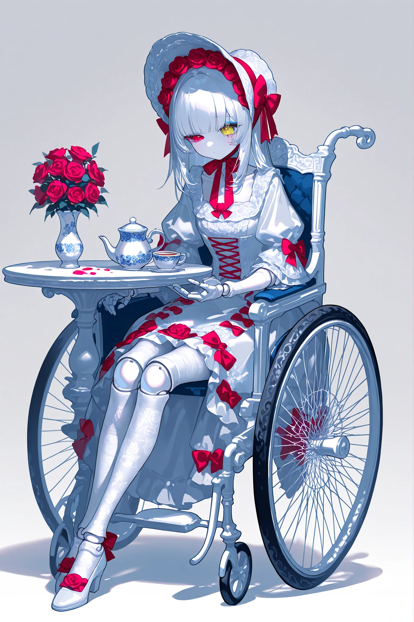 (xxx667_illu,doll joints,) Alive doll-girl, petite vintage cute porcelain articulated doll. Her body is made of white porcelain and  joints of her limbs are doll-like hinges. There's a crack marks on her porcelain face. She has scarlet red ringlet hairstyle. She has heterochromia(one eye is blue the other eye is yellow). She wearing snow-white long lace puffy Lolita's dress with bows and  pink roses, lace stockings with garters , mary jane shoes with bows. she wearing silk lace white gloves. She wears a snow-white  bonnet with pink roses and bows on her head. She has bandages on her hips. She is sitting. (On The Background: Rose garden and gazebo. inside a vintage wheelchair, and table with a cups with tea, a teapot, a vase with roses on it.)