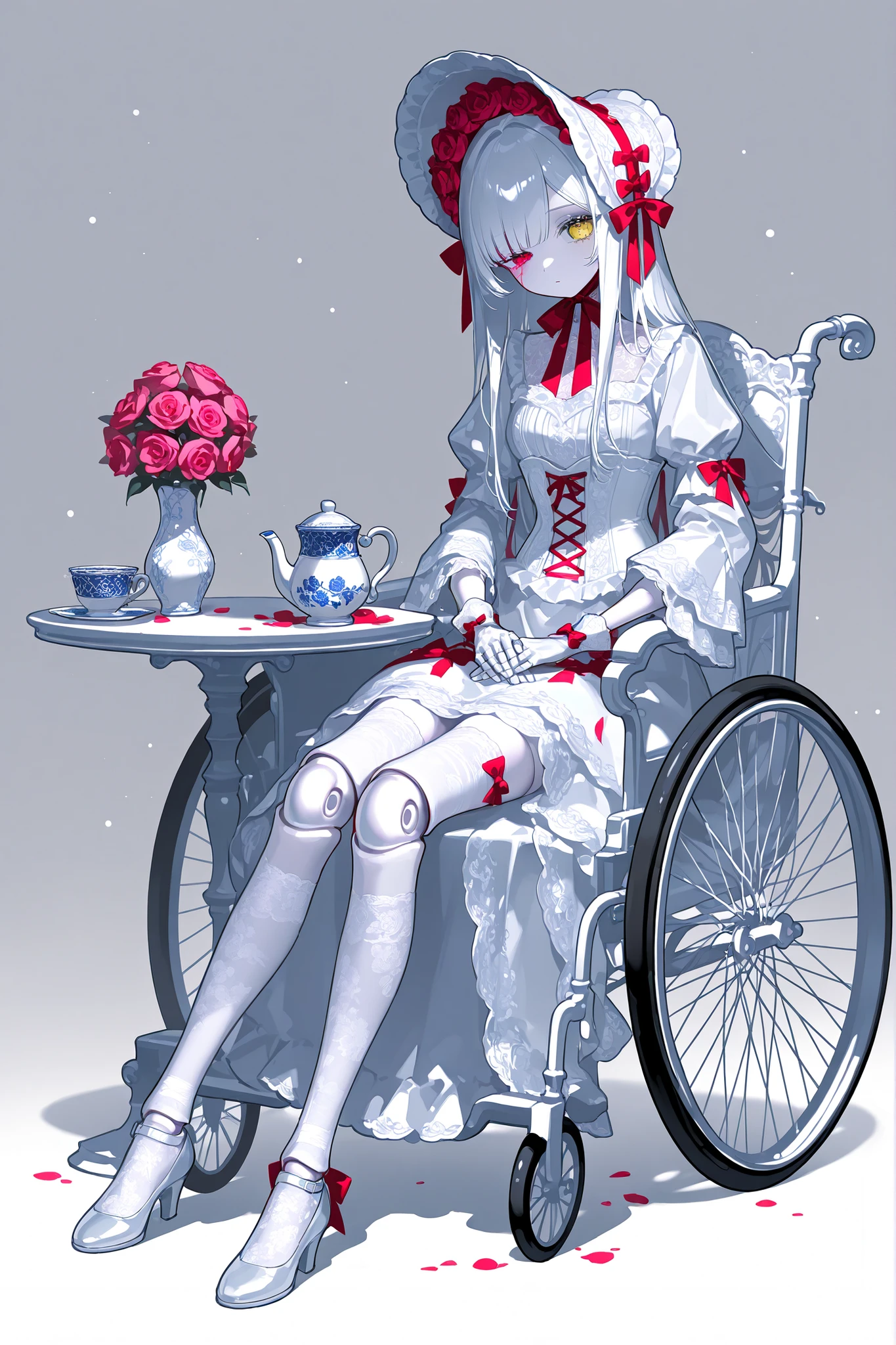 (xxx667_illu,doll joints,) Alive doll-girl, petite vintage cute porcelain articulated doll. Her body is made of white porcelain and joints of her limbs are doll-like hinges. There's a crack marks on her porcelain face. She has scarlet red ringlet hairstyle. She has heterochromia(one eye is blue the other eye is yellow). She wearing snow-white long lace puffy Lolita's dress with bows and pink roses, lace stockings with garters , mary jane shoes with bows. she wearing silk lace white gloves. She wears a snow-white bonnet with pink roses and bows on her head. She has bandages on her hips. She is sitting. (On The Background: Rose garden and gazebo. inside a vintage wheelchair, and table with a cups with tea, a teapot, a vase with roses on it.)