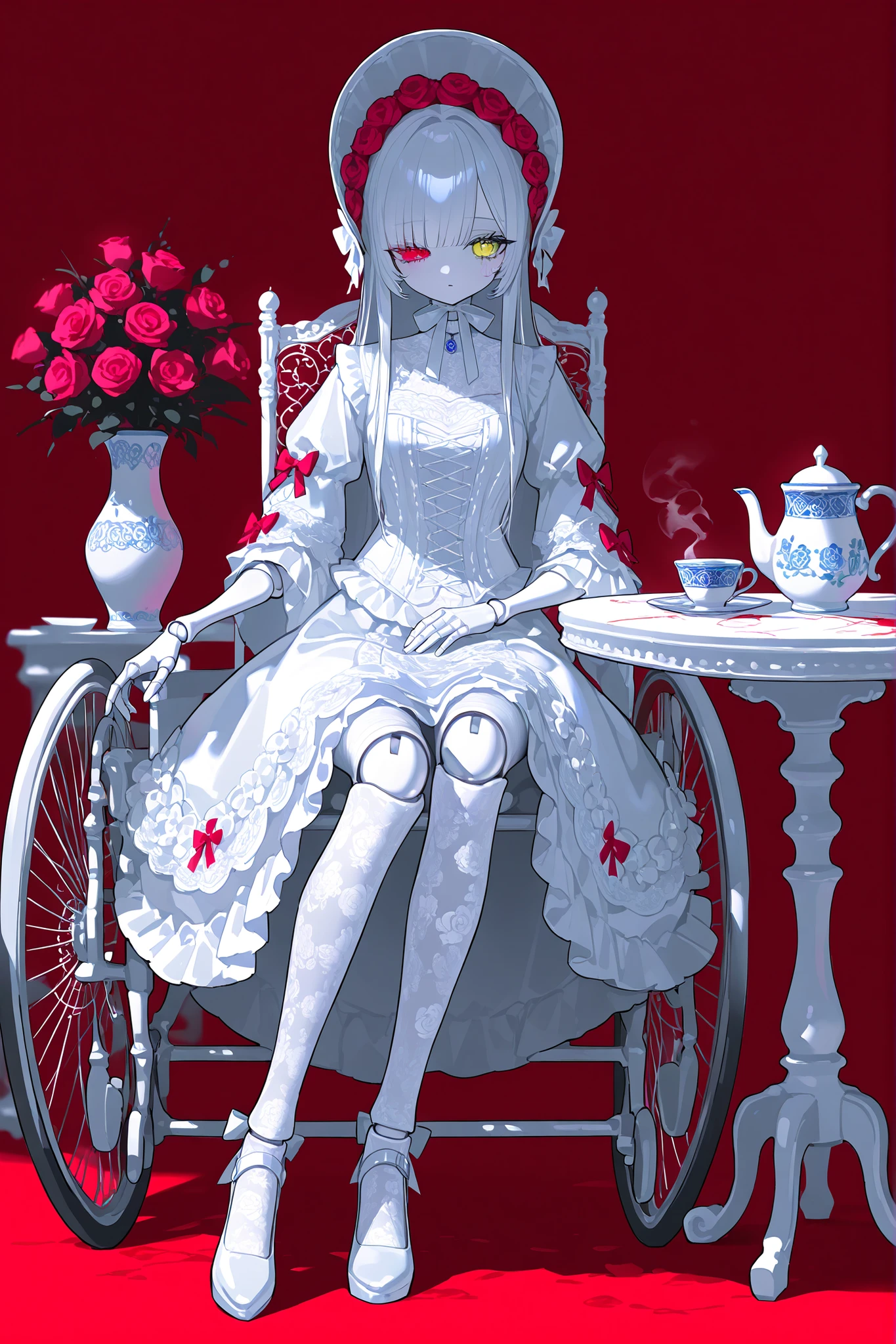 (xxx667_illu,doll joints,) Alive doll-girl, petite vintage cute porcelain articulated doll. Her body is made of white porcelain and  joints of her limbs are doll-like hinges. There's a crack marks on her porcelain face. She has scarlet red ringlet hairstyle. She has heterochromia(one eye is blue the other eye is yellow). She wearing snow-white long lace puffy Lolita's dress with bows and  pink roses, lace stockings with garters , mary jane shoes with bows. she wearing silk lace white gloves. She wears a snow-white  bonnet with pink roses and bows on her head. She has bandages on her hips. She is sitting. (On The Background: Rose garden and gazebo. inside a vintage wheelchair, and table with a cups with tea, a teapot, a vase with roses on it.)