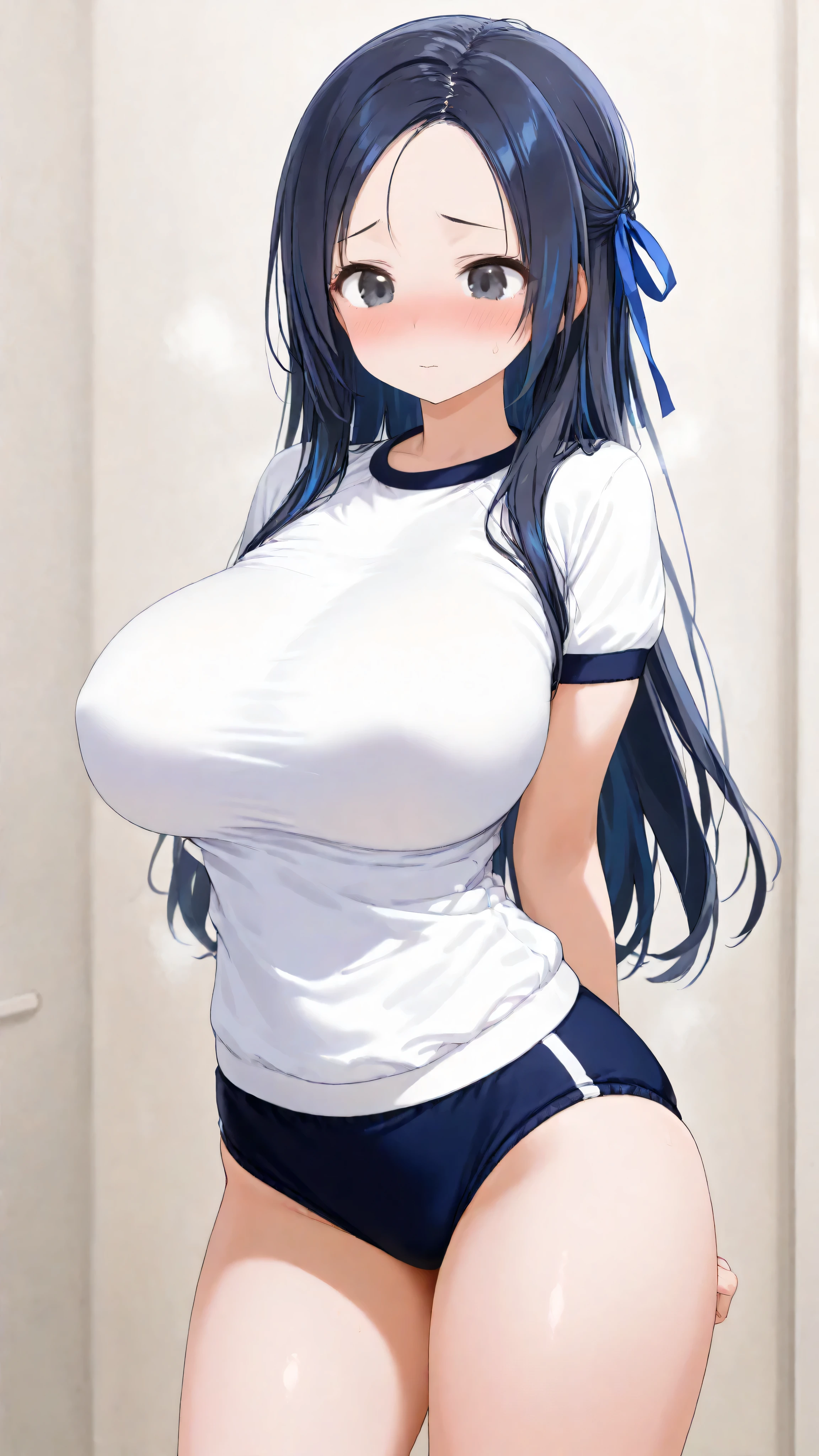 ,Big Breasts, long hair, (black hair) , bangs, blush , (1girl1.5), blue hair ribbon、( 1.5)solo. buruma, gym uniform、