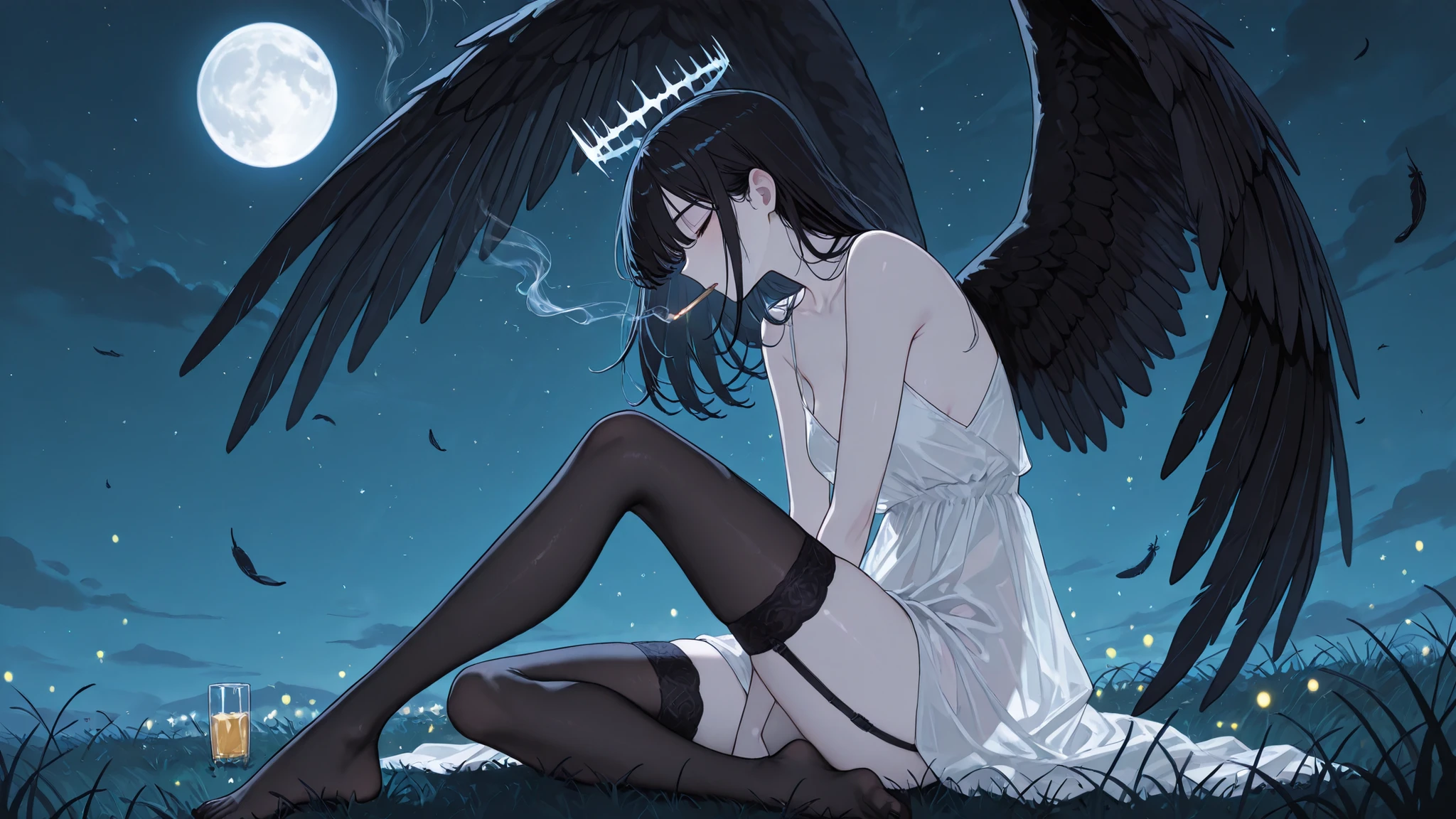(masterpiece, best quality, ultra-detailed, anime style, illustration, fantasy art) sight below, outside: half-sideways, One hand between legs, she put her foot forward (bent knee ), 1 dark hair(black) , fallen angel wings(black with feathers) , hair develops in the wind, closed eyes, long lashes, Glass retina, hair develops in the wind , pale skin, Glass retina, slim body, white leather, sitting on the grass in the park, Night, full moon, bare feet, crown of shining white stones, nimbus , hangs above her head, , fragile figure, eyes closed, open lips, exhales smoke cigarettes, toes, shine, best quality, she wears only light silk, almost transparent black fabric (plain black, almost transparent silk, black lace ), black almost transparent stockings (garter stockings), clavicles bare shoulders naked, Glass retina, fireflies and magic lights, , sight below, sight below, without clothes, shy, profile, focus on her eyes, Retinal details, narrow black oblong pupils, darkness reigns around, white feathers, lots of black feathers, black feathers fall from above, rays shine from above, outside
