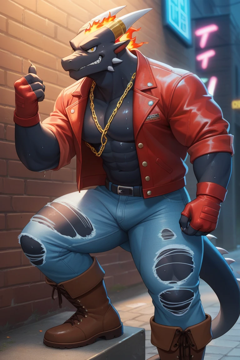 (((He has a Pit Bull head ))). Correndo na esteira. Absurdamente  Forte. Ele veste short de treino. bandana on neck, Watch & Bracelets. He wears gold chain around his neck.modern gym scene. Seu Corpo Pesa acima dos 180 quilos. Fotografia de corpo inteiro fotografia de Corpo completo. Luzes de neon decoram o ambiente. Luzes de led decoram o ambiente moderno da academia. Uma tv na parede ao fundo. 