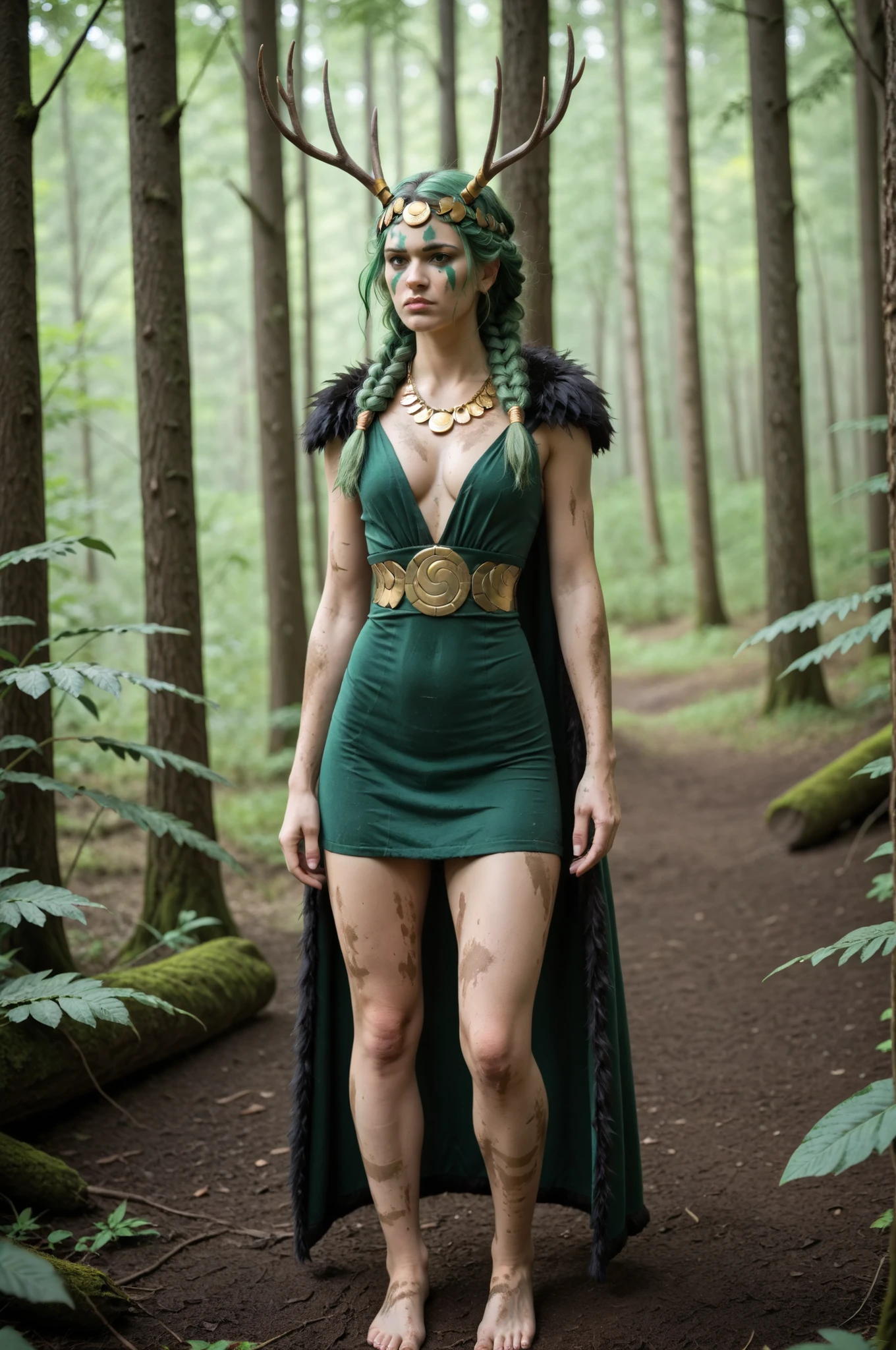 1girl, Artemis from Hades, green hair tied in a single thick braid, wearing green face paint, antler and fur head dress, short dark green leather hide and fur dress, cleavage with a large silver crescent necklace, bare feet bare legs, holding a long hunting bow and quiver, dirty skin, determined expression, standing, alone, in the forest, daytime, full view, in a highly detailed photorealistic style