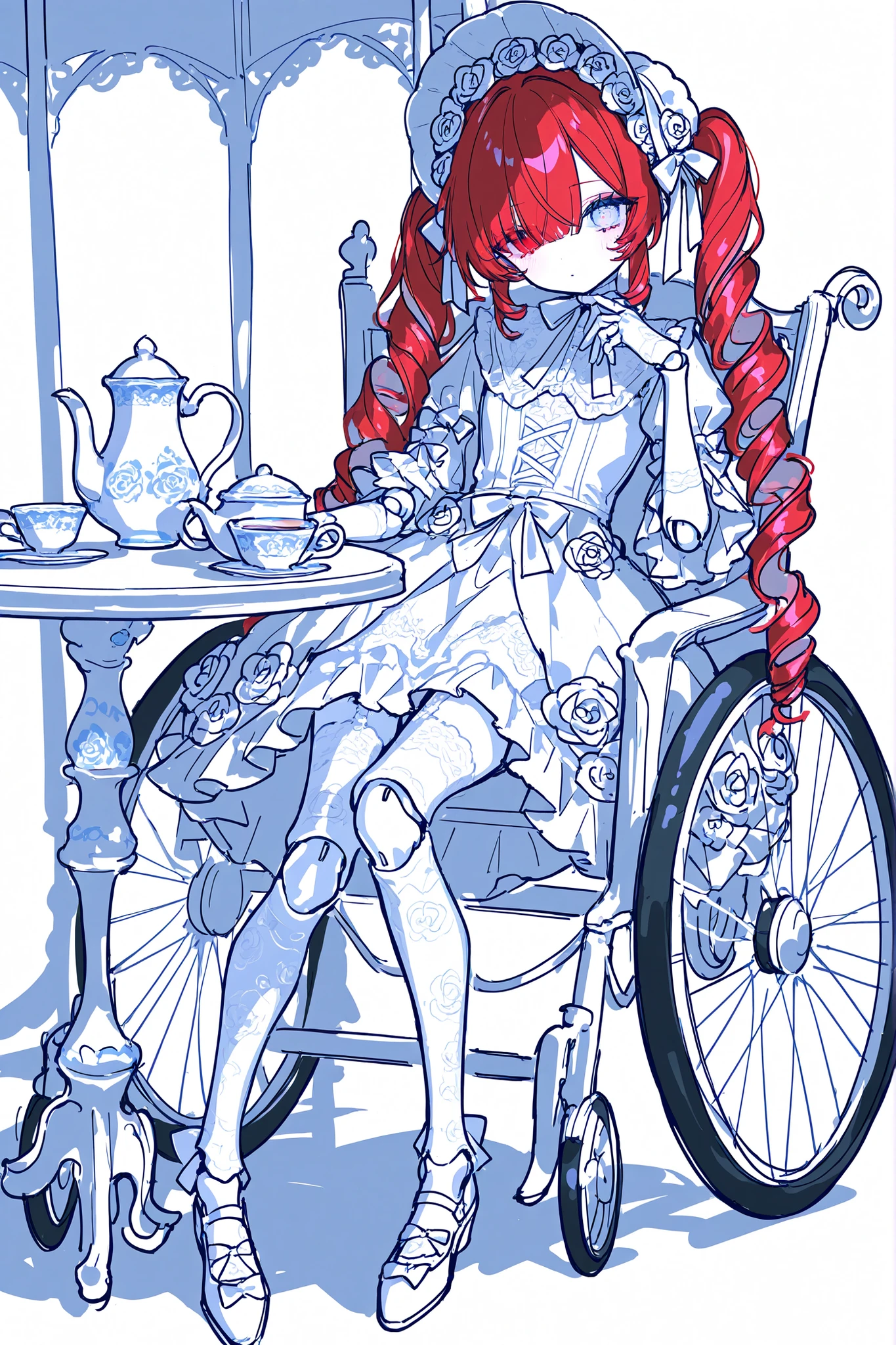 (ma1ma1helmes_b_illu,sketch,doll joints,) Alive doll-girl, petite vintage cute porcelain articulated doll. Her body is made of white porcelain and  joints of her limbs are doll-like hinges. There's a crack marks on her porcelain face. She has scarlet red kinky hair is styled in two ringlets pigtails. She has heterochromia(one eye is blue the other eye is yellow). She wearing snow-white long lace puffy Lolita's dress with bows and  pink roses, lace stockings with garters , mary jane shoes with bows. she wearing silk lace white gloves. She wears a snow-white  bonnet with pink roses and bows on her head. She has bandages on her hips. She is sitting. (On The Background: Rose garden and gazebo. inside a vintage wheelchair, and table with a cups with tea, a teapot, a vase with roses on it.)